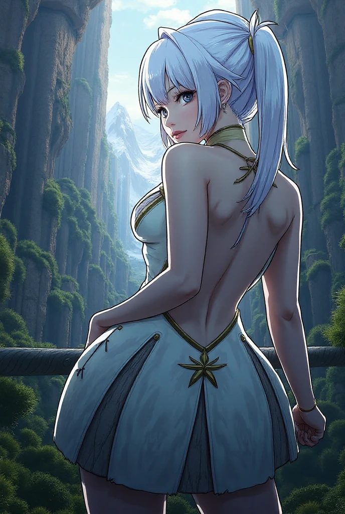 Masterpiece, high quality full length portrait of 1 woman (maduro)) YOUNG), holding a dagger knife, exhausting ((long sleeve white shirt.)), (shiny black leggings), beautiful thin face, detailed face, long hair, (silver gray hair), BIG BREASTS, pale and light skin, detailed eyes, ((blue eyes)), smug happy expression, set in a dark forest environment background, view from behind, perfect ass