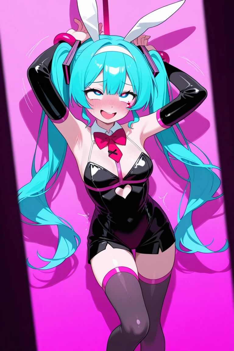 hatsune miku, 1girl, very sexy revealing bright outfit, cute mature smiling face, fishnets on legs and hands, hatsune miku, on dark japanese background, laced revealing shirt, pink stripped tight fitted skirt, pastel