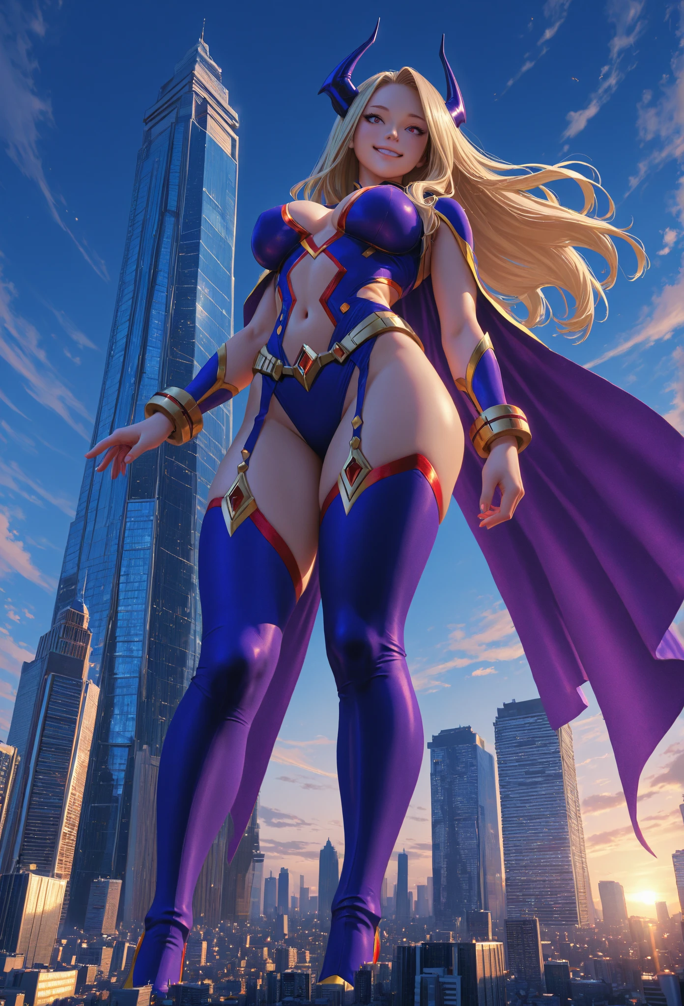 multiple girls, giantess art, highly detailed giantess shots, giantess, most detailed, perfect face, Two legs, Five fingers, A beautiful girl who is bigger than a skyscraper, Wearing rimless glasses, smile, huge breasts, blue base magical girl dress, bow, magical girl, holding a magical wand, black pantyhose, blue stiletto heels, thunderbolt from a magical wand, Destroying cities, Under heavy attack, A very small big city, Miniature metropolis, Full body description, GTS, giga giantess, stomping city, crash city, tiny city, micro city, pantyhose feet, High resolution, highest quality, masterpiece,