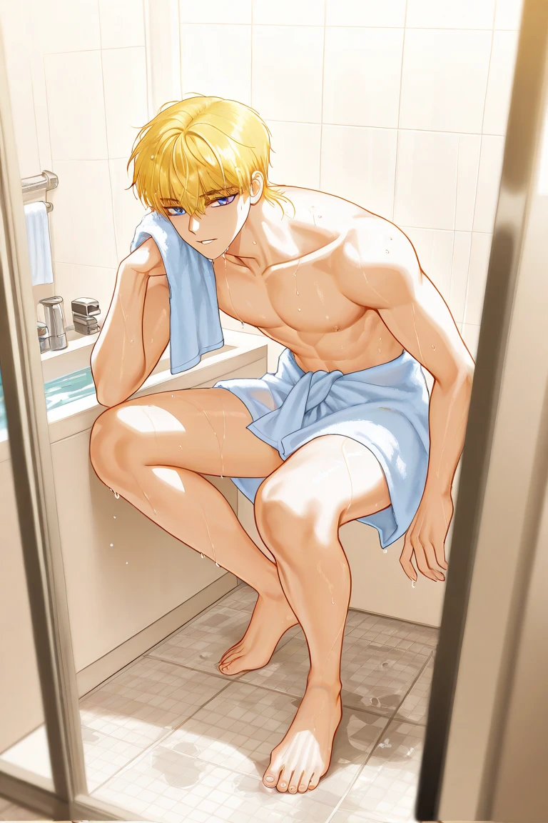 ((official art)), ((concept art)), ((splash art)), naked man, solo, only underpants, blond, skinny, muscular, shower, water effect