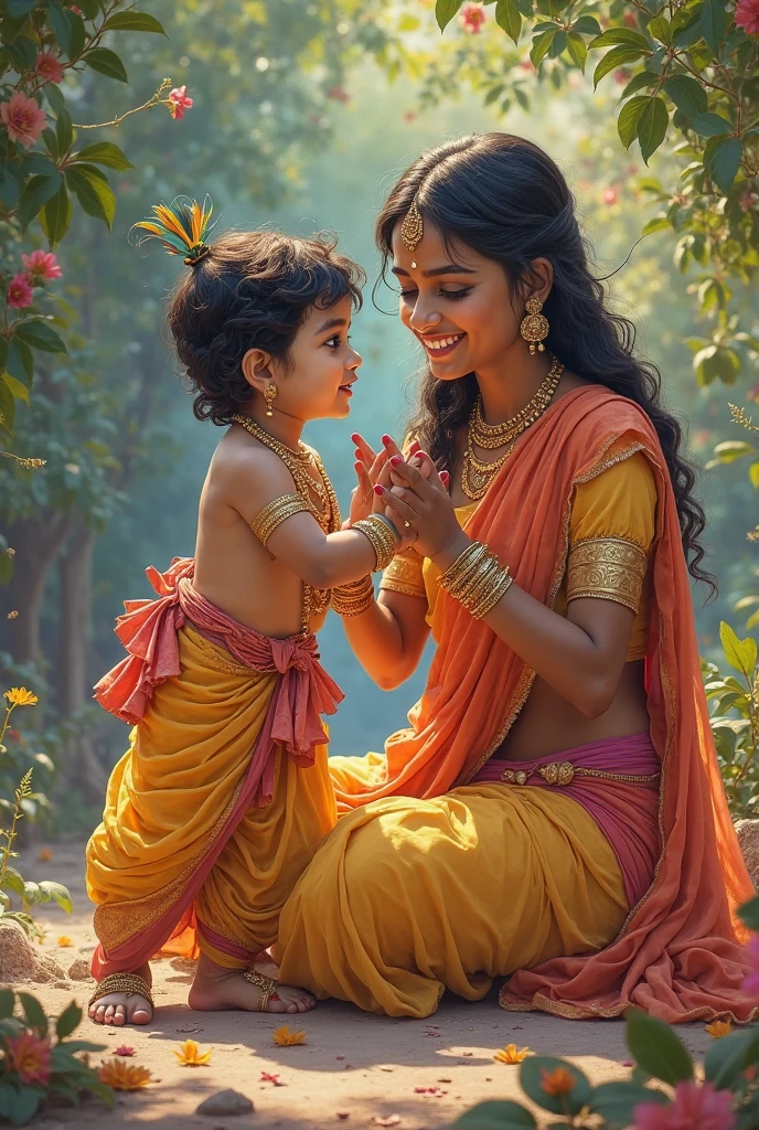 Radha playing with ???, create high quality realistic image, Landscape of a forest, bight sky, vibrant colors, looking with smile, environment is background is of garden, image should ultra clear, hyper realistic, high quality 4k