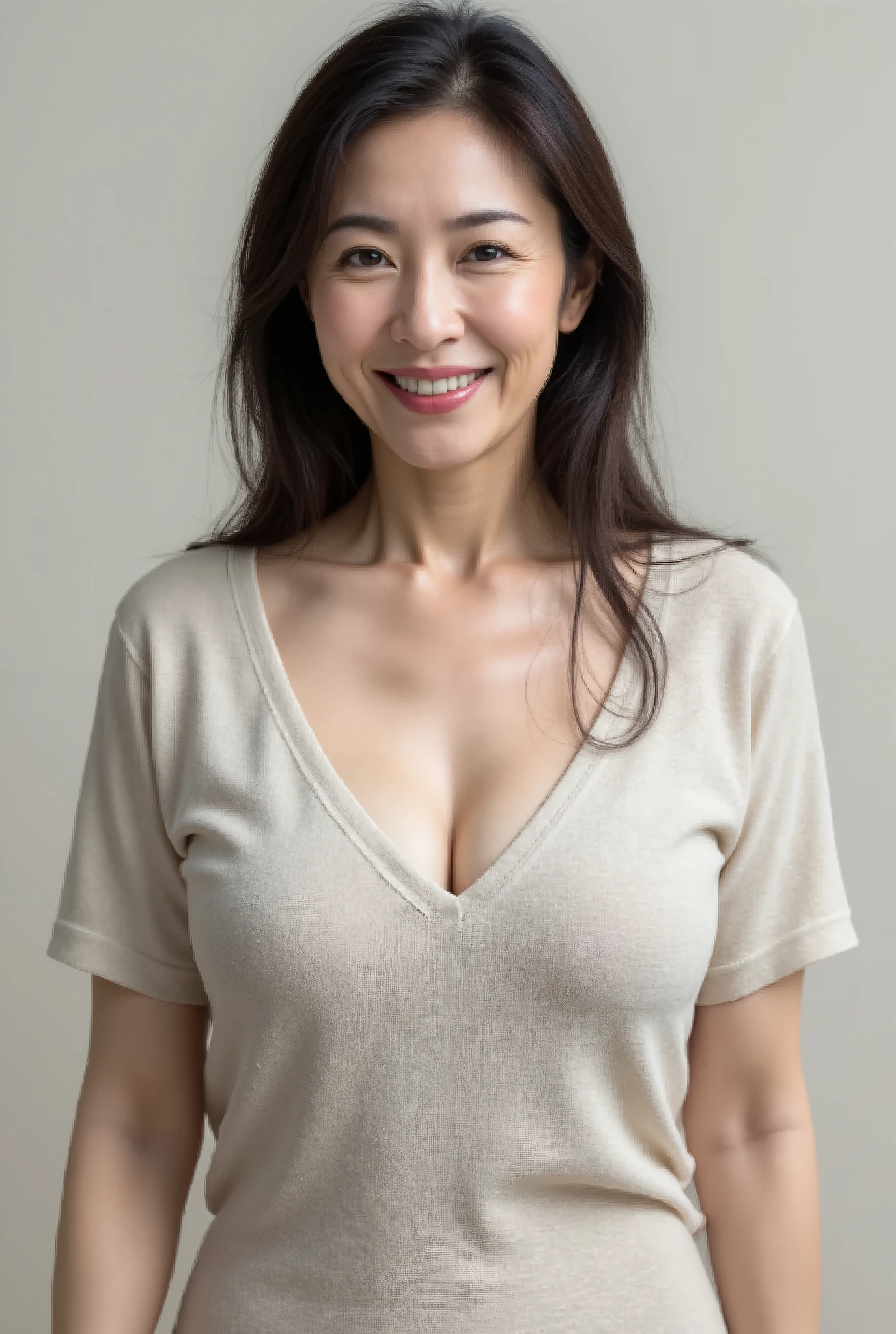 (top-quality, masterpiece,photo realistic,ultra-detailed,Textured skin:1.2),(Anatomically correct),(1 girl), break (plump body:1.2),(Skin-colored bra and panties with beautiful patterns), break ((drooping breasts)), break (japanese mature woman),(45 years old),smile,break ((long hair)),