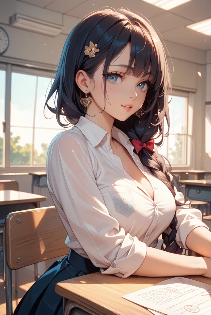 very cute and beautiful girl,teen,(highly detailed beautiful face and eyes:1.2), white blouse,open clothes,(laced yellow bra:1.2) BREAK sitting,spread legs, (smile),looking at viewer,dynamic angle,pleated navy blue mini skirt BREAK wooden classroom,black hair, (best quality,masterpiece:1.2),extremely detailed,highres,solo,