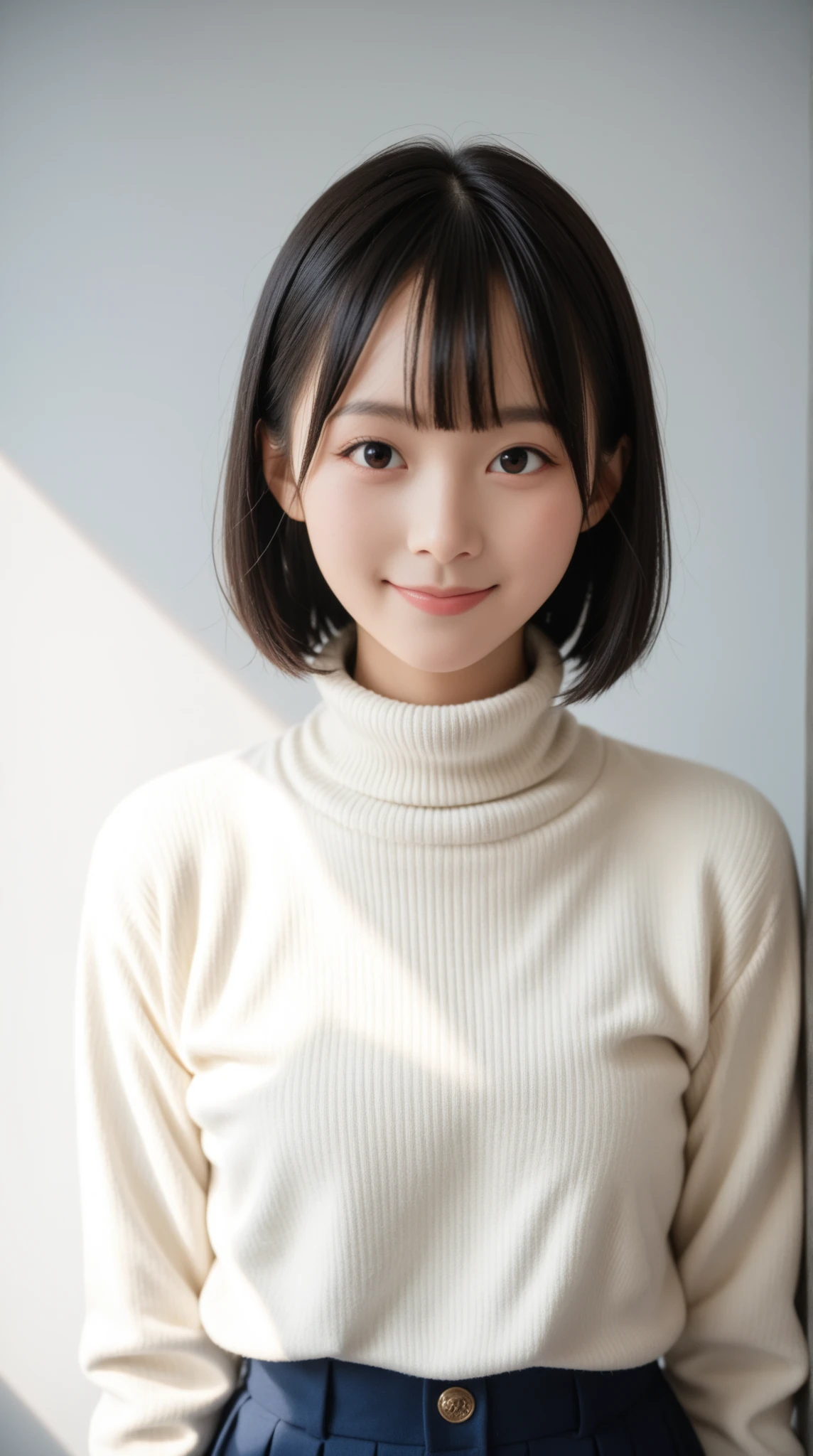 8K, ultra-realistic, highly detailed, photo-like, studio photography portrait. Perfect lighting, soft shadows, lifelike skin texture, shallow depth of field.
A Japanese high school girl with straight black hair in a blunt bob with straight bangs, smiling and wearing a navy turtleneck sweater. A chest-up portrait viewed from the front. The background is a plain white studio wall. She is fully clothed with no skin exposure.