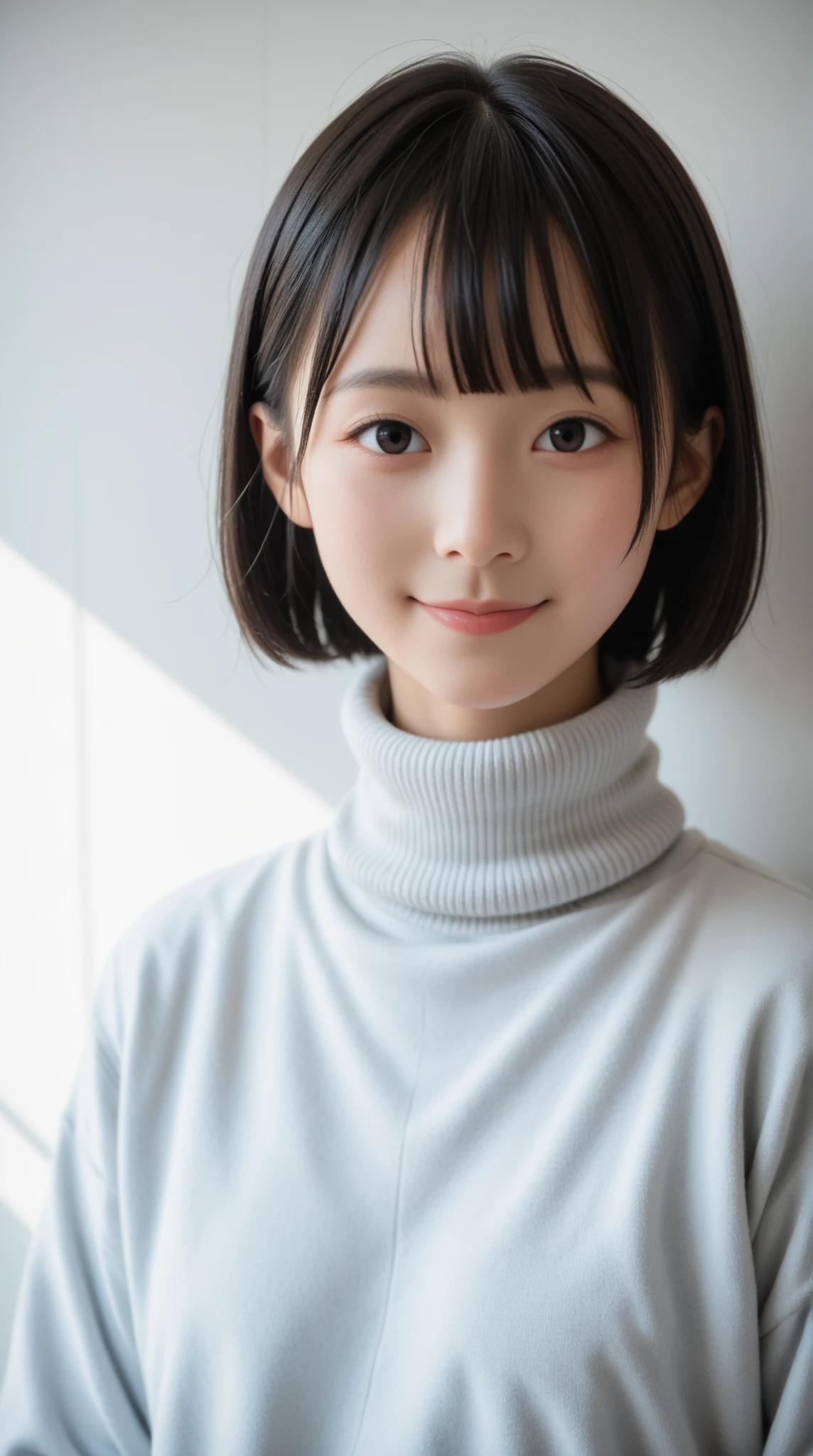 8K, ultra-realistic, highly detailed, photo-like, studio photography portrait. Perfect lighting, soft shadows, lifelike skin texture, shallow depth of field.
A Japanese high school girl with straight black hair in a blunt bob with straight bangs, smiling and wearing a navy turtleneck sweater. A chest-up portrait viewed from the front. The background is a plain white studio wall. She is fully clothed with no skin exposure.