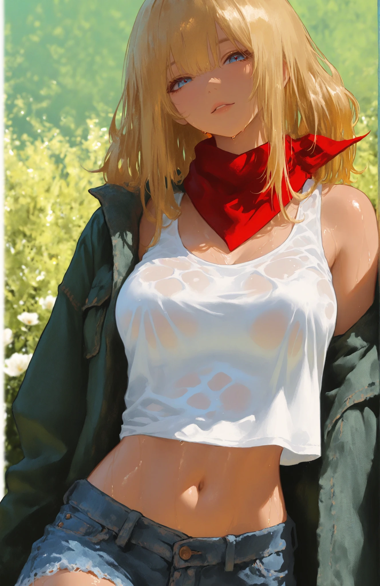 nsfw:1.6, Top quality, ultra high resolution, , (top quality, high resolution, 4K, detailed lighting, shaders, perfect anatomy, perfect proportions), eye of the beholder, (masterpiece, top quality) (top quality, 4K, 8K, high resolution, masterpiece: 1.2), highly detailed, (masterpiece: 1.3, top quality, ultra high resolution, ultra detailed), (top quality: 1.2), perfect eyes, perfect face, (top quality, 4K, 8K, high resolution, masterpiece: 1.2), highly detailed, (top quality, 4K, 8K, high resolution, masterpiece: 1.5), masterpiece, top quality, ultra detailed, top quality, high resolution, 32K CG, very delicate and beautiful, illustration, high resolution, sharp focus, 1 person, very beautiful and detailed anime face, very detailed eyes, ((masterpiece)), ((best quality)), (super detailed), ((cute)), cute, ((very detailed)), 4K, (8K), best quality, (best quality, 8K, 32k, masterpiece, super high resolution, very detailed, impressionistic:1.2), blurred background, (two arms) , (two legs), (four fingers and 1 thumb) , only one belly button, Bare shoulders.

(Beautiful busty woman in her 20s: 1.1). (Taking a photo of her breasts: 1.5). (Profile: 0.7). (Looking at me: 1.2). (Snowy mountain: 1.6). (Blue sky: 1.6). (Gingham check mini skirt: 1.5). (Topless: 1.7). (Neatly trimmed blonde pubic hair: 0.8). (Beautiful blonde hair: 1.4). (Shiny straight medium-long hair: 1.3). (Walking in the woods: 1.3). (Whit checked scarf: 1.5). (Necklace, bracelet, anklet: 1.4). (White fluffy snow boots:1.3), (Arms crossed: 0.8). (Bangs swept to the side, showing forehead: 1.4). (Blue-green eyes). (Happy smile: 1.4). (Blushing: 1.1) (Dark skin: 1.4).  (Perfect proportions: 1.6). (Small pink nipples: 1.3). (Large breasts and nipples not covered: 1.2). (No panties: 0.8). (Garter belt:1.6), (Full and beautiful breasts: 1.6). (Perky breasts: 1.5). (Thin waist: 1.2). (Slender figure: 1.2). (Beautiful cleavage: 0). (Realistic facial expression: 1.4). (Realistic background: 1.5).