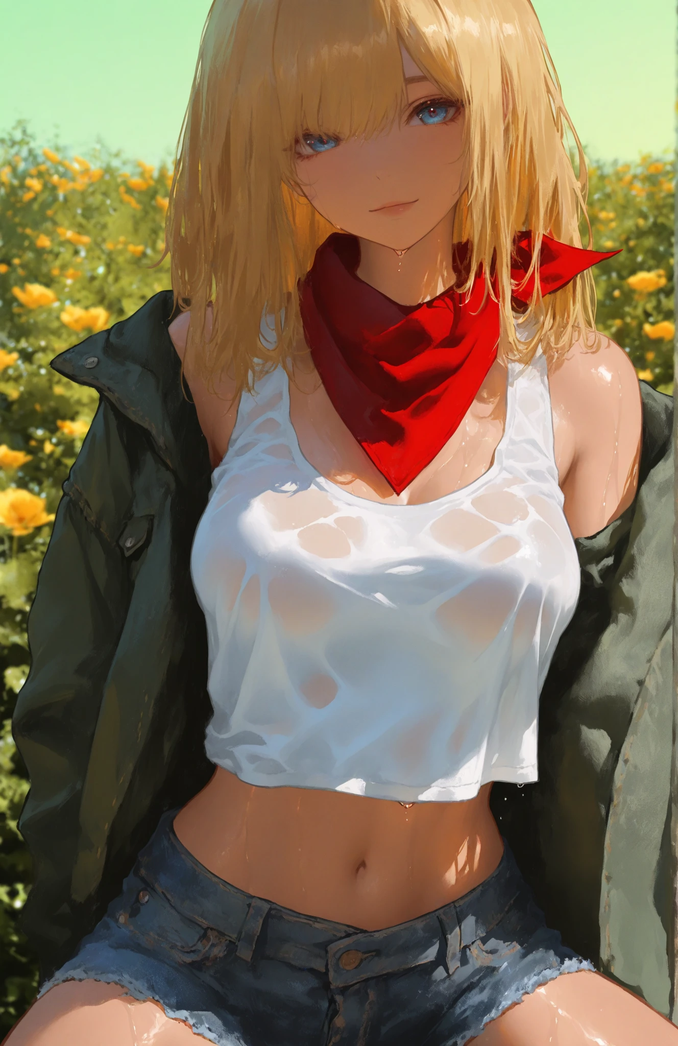 
　　　　　　　　　　　　　　　　　　　　　　　　　　　　　　　　　　　　　　　　　　　　　　　nsfw:1.6, Top quality, masterpiece, ultra high resolution, , (top quality, high resolution, 4K, detailed lighting, shaders, perfect anatomy, perfect proportions), eye of the beholder, (masterpiece, top quality) (top quality, 4K, 8K, high resolution, masterpiece: 1.2), highly detailed, (masterpiece: 1.3, top quality, ultra high resolution, ultra detailed), (top quality: 1.2), perfect eyes, perfect face, perfect lighting, (top quality, 4K, 8K, high resolution, masterpiece: 1.2), highly detailed, (top quality, 4K, 8K, high resolution, masterpiece: 1.5), highly detailed, masterpiece, top quality, ultra detailed, top quality, high resolution, 32K CG, very delicate and beautiful, illustration, high resolution, sharp focus, front lighting, glow, girl 1 person, solo, smiling, very beautiful and detailed anime face, very detailed eyes, ((masterpiece)), ((best quality)), (super detailed), ((cute)), cute, ((very detailed)), 4K, (8K), best quality, (best quality, 8K, 32k, masterpiece, super high resolution, very detailed, impressionistic:1.2), blurred background, (((two arms))) , (((two foot))), ((((four fingers and 1 thumb)))), Best quality , ((only one naval)),

(Scandinavian beauty). (Beautiful face: 1.2). (Cute). (Shiny blonde hair). (Chignon: 1.6). (Bangs swept to the side, showing forehead: 1.4). (Beautiful turquoise eyes). Tensed face: 1.8. Profile: 1.4. (Topless: 1.8). (Black hot pants: 1.6). (Black combat vest: 1.8). (Black leg and arm belts: 1.7). (Combat boots: 1.7). (Holding a gun: 2.2). (Jumping: 2.2). (Breasts and nipples uncovered: 2.5). (Small pink areola and nipples: 1.6). (Big breasts: 1.8). (Full chest: 1.6). (Beautiful breasts: 1.6). (Thin waist). (Slender figure). (Realistic facial expression: 1.6).  (Choker: 1.7). (Necklace: 1.4). (Operation: 1.8). (Wristband: 1.4). (Scandinavian Autumn Forest: 1.6). (Realistic Background: 0.5). (Side-on Diagonal: 2.5)