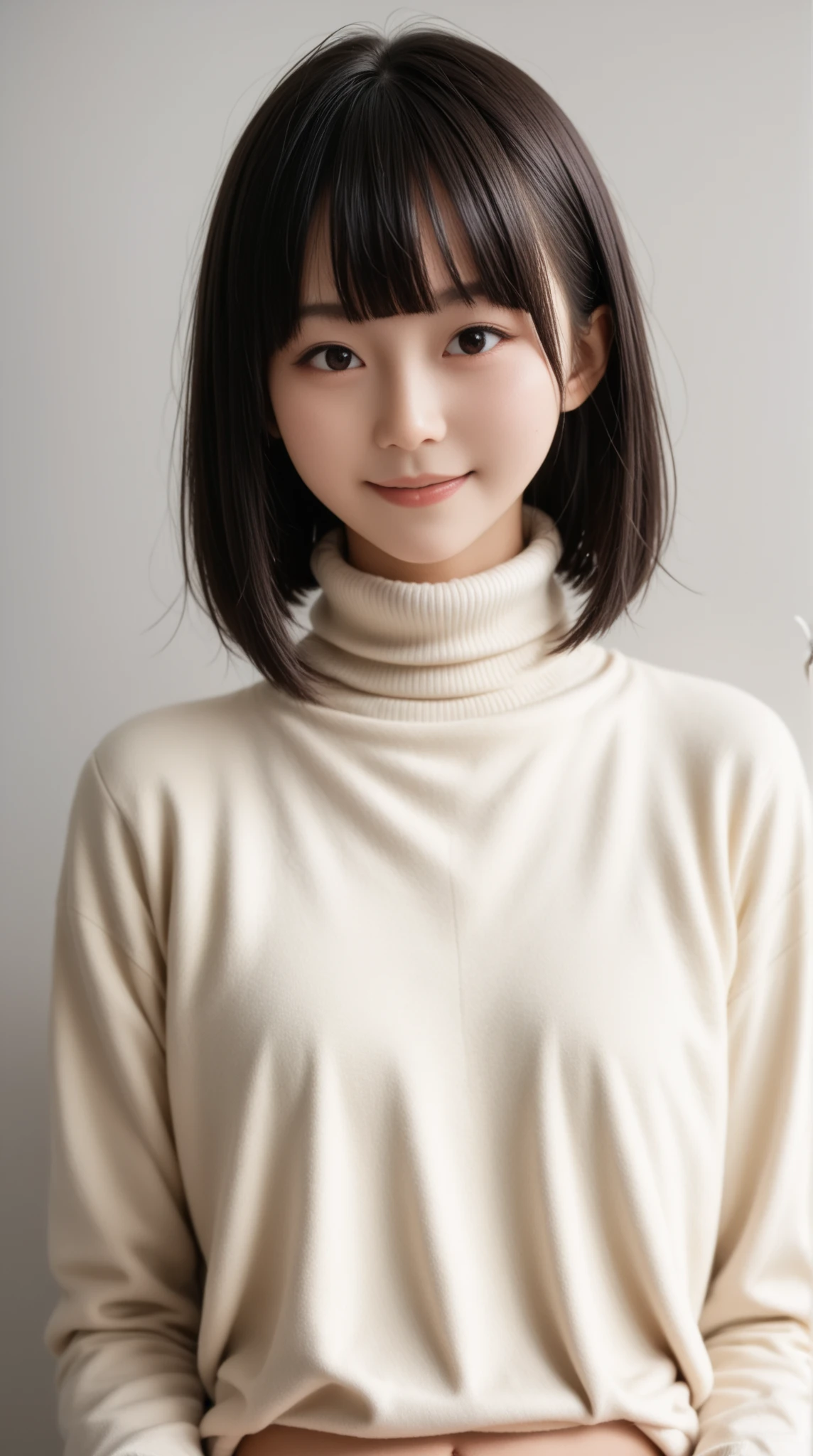 8K, ultra-realistic, highly detailed, photo-like, studio photography portrait. Perfect lighting, soft shadows, lifelike skin texture, shallow depth of field.
A Japanese high school girl with straight black hair in a blunt bob with straight bangs, smiling and wearing a navy turtleneck sweater. A chest-up portrait viewed from the front. The background is a plain white studio wall. She is fully clothed with no skin exposure.