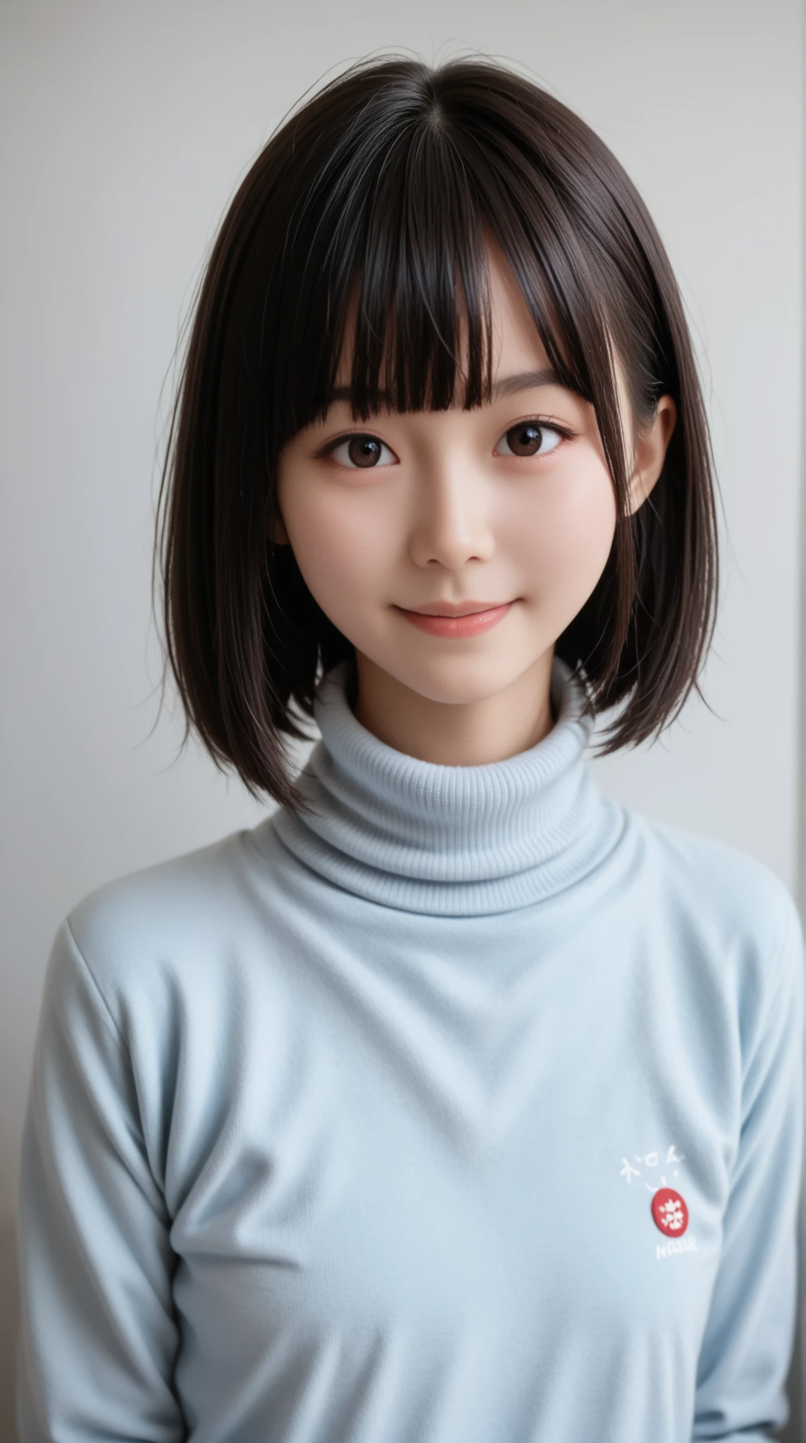 8K, ultra-realistic, highly detailed, photo-like, studio photography portrait. Perfect lighting, soft shadows, lifelike skin texture, shallow depth of field.
A Japanese high school girl with straight black hair in a blunt bob with straight bangs, smiling and wearing a navy turtleneck sweater. A chest-up portrait viewed from the front. The background is a plain white studio wall. She is fully clothed with no skin exposure.