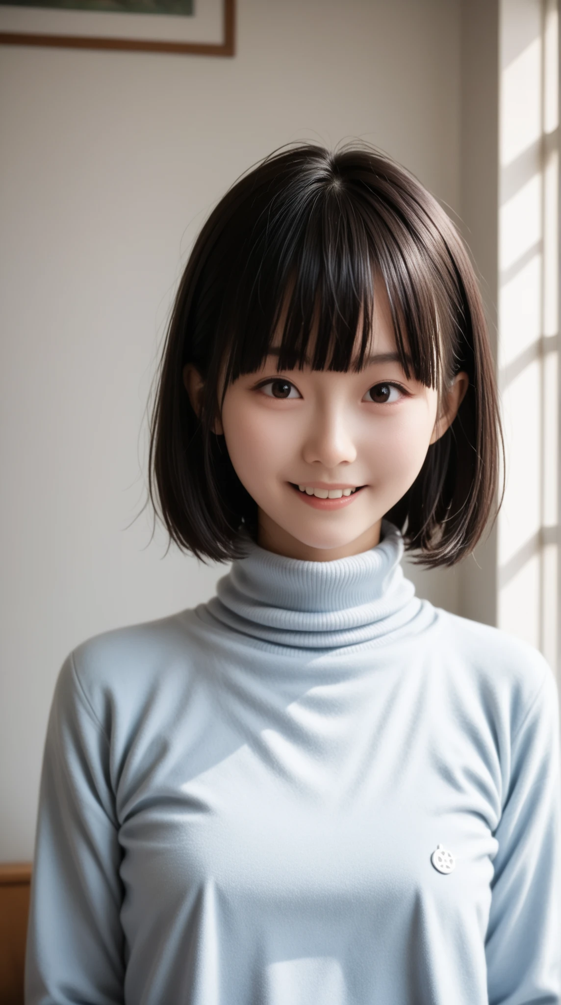8K, ultra-realistic, highly detailed, photo-like, studio photography portrait. Perfect lighting, soft shadows, lifelike skin texture, shallow depth of field.
A Japanese high school girl with straight black hair in a blunt bob with straight bangs, smiling and wearing a navy turtleneck sweater. A chest-up portrait viewed from the front. The background is a plain white studio wall. She is fully clothed with no skin exposure.