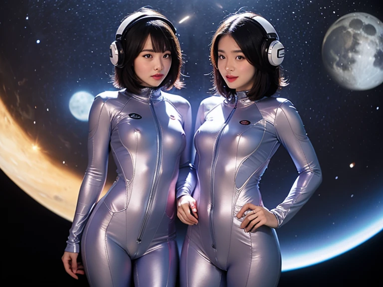 (masterpiece、highest quality、highest resolution、clear_image、Detailed details): (full body figure、15 year old girl、Japanese face、small face、thin、navy blue super short bob cut hair、blue colored eyes、navy long sleeve space suit、space helmet、cosmic handbag、cute type、gentle smile、soft expression、headset、(((knee high boots)))、gloves up to the elbow、eye level shot、face directly、woman on a spaceship), (((camel toe))), ((Pure white leotard))