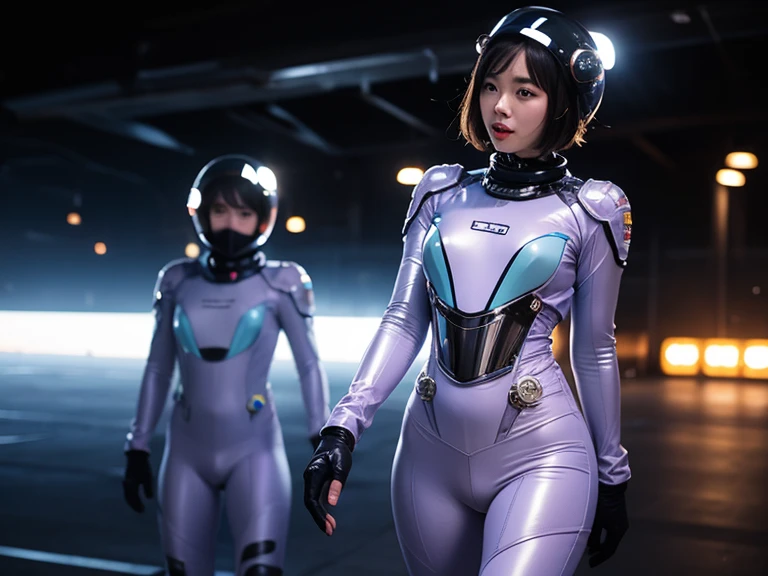 ultra-detailed, 1 girl, Asian, athletic body, realistic skin texture, short hair, (breasts:1.0), smile, gaze at viewer, white form-fitting space suit, gray interior of space ship, control panels, futuristic instruments, movie lighting, face focus, fine eyes, finerly detailed face, well lit face