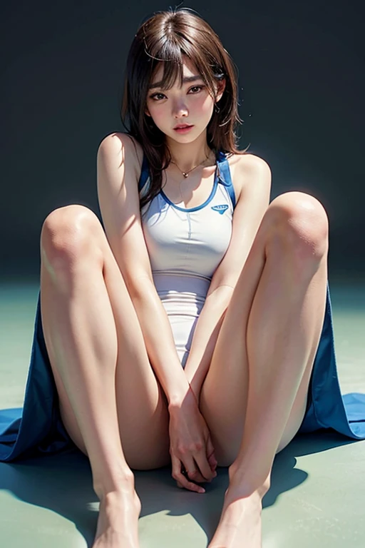 a girl,female badminton player,slim,thin,small head,small face,small breasts,cleavage,White T-shirt,blue skirt,White socks,white sneakers,short ponytail,(vibrancy:1.3),(lying on back on the floor:1.5),(indoor stadio:1.5),RAW photography, top-quality, A high resolution, (masterpiece), (Photorealsitic:1.4),foco nítido, 8K分辨率, intricately details, depth of fields, the Extremely Detailed CG Unity 8K Wallpapers, Frontlighting,(full body)