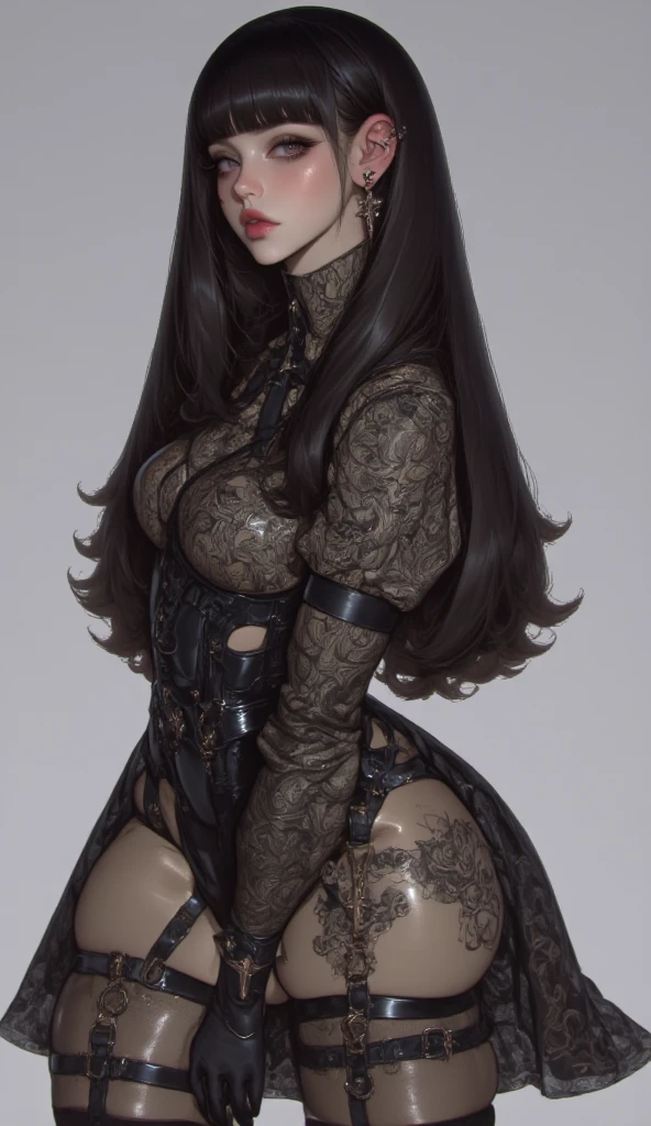 18 year old girl,, Big breasts,black eyes, black hair, solid color background, cold,Large hole fishnet stockings