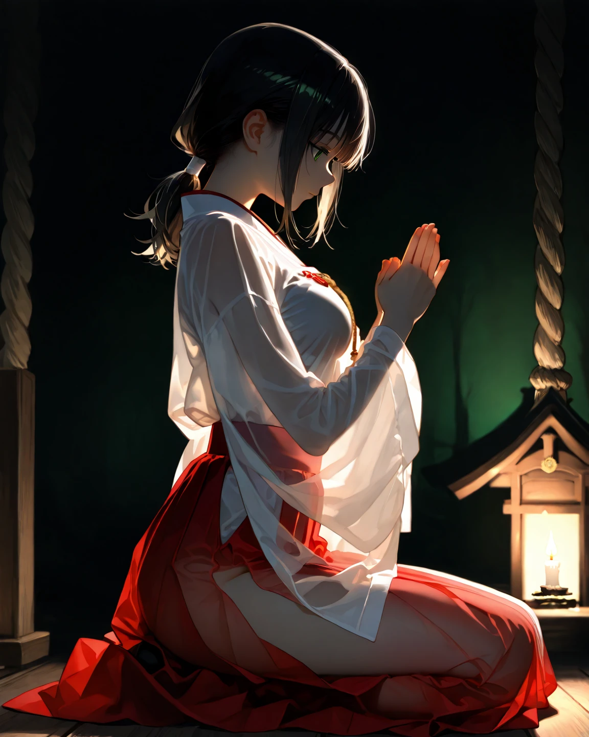a beautiful woman kneeling in prayer at a serene shrine in a lush forest,traditional japanese kimono with elegant floral patterns in deep red and gold,beautifully tied obi sash,long dark hair in classic elegant bun with delicate hairpins,ancient wooden torii gates and stone lanterns,towering trees with leaves creating natural canopy,peaceful and mystical atmosphere,soft sound of leaves rustling,distant bird chirping,sunlight filtering through leaves casting dappled shadows,incense smoke rising with faint scent of moss and wood,sacred and tranquil setting,golden particles shimmering around her