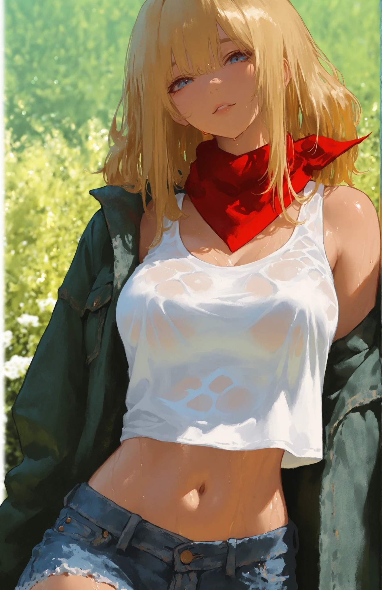 Portrait of a Girl, golden Hair, Blue Eyes,harfway undressed jacket, white translucent tank top,navel,denim shorts, red bandana around the neck,Natural Light, Outdoors, green background, Sunny, is depicted with precision down to the smallest detail, professional, high quality, 4K, Photographic Realism, HDR, impressive colors, Vivid Feel,beautiful shinny light,many hair hilight,dynamic pose, sopping wet