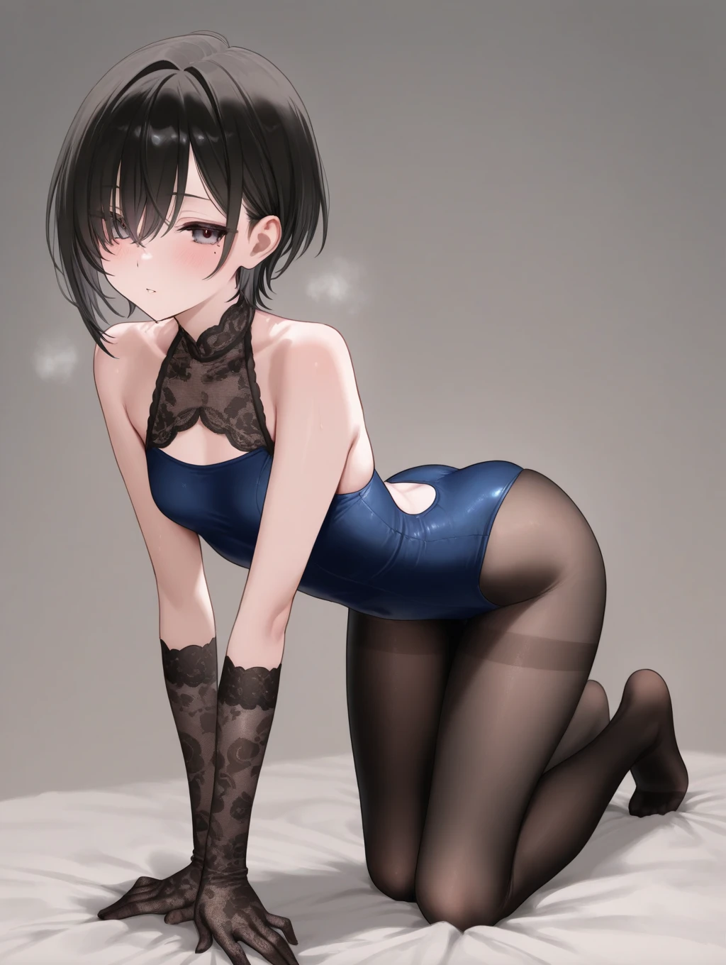 Erica、Pokémon、Black Hair、Short Hair、((pantyhose))、Photo from below、Medium chest、Bedroom、One girl、((Swimsuit))、leotard