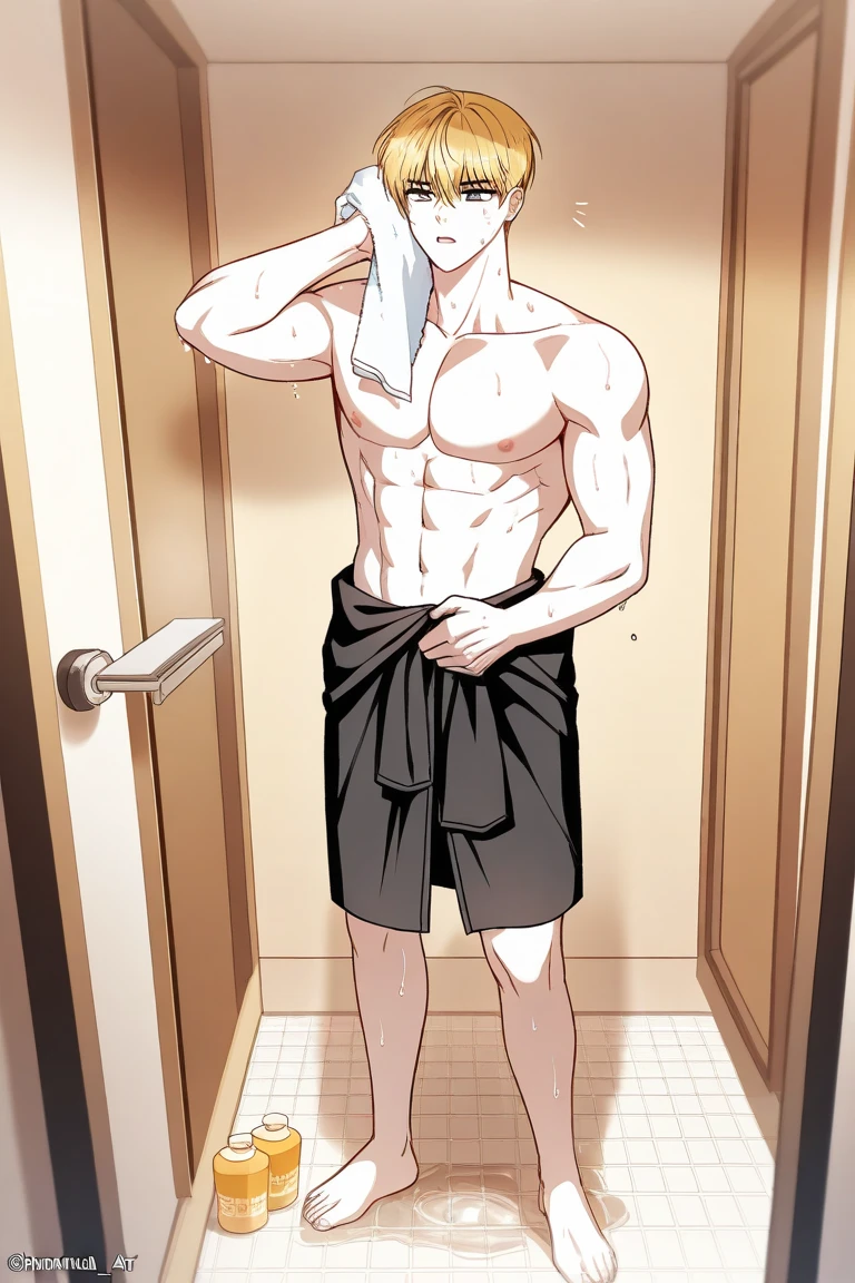 Boy with black hair and golden eyes dressed in a waist-high bath towel, fresh from bathing