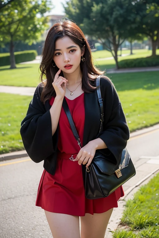 masterpiece,best quality,high resolution,Extremely detailed,Elena,have,Long hair,curls,Pink Eyes,earrings,cape,dress,Short sleeve,Gloves,belt,skirt,Black pantyhose,boots,Wind lift,blush,(Make it embarrassing:1.2),outdoor,garden,