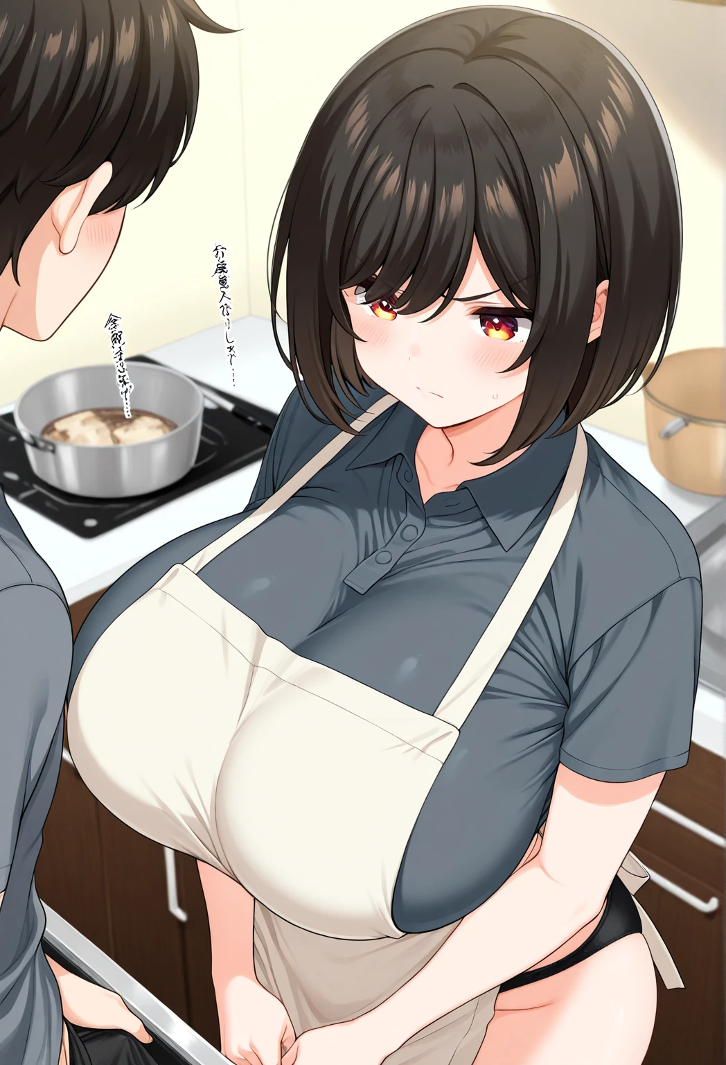 score_9, score_8_up, score_7_up, score_6_up, score_5_up, score_4_up, (source_anime), 1girl, (( white woman, short black hair, small breasts, puffy nipples, big Thighs, big ass, mature woman, dark nipples, brown nipple)), Distant vision, Low Illumination, Kitchen, Maid outfit, black skirt, breast milk, sucking in the baby bottle, Breastfeeding, bottle feeding