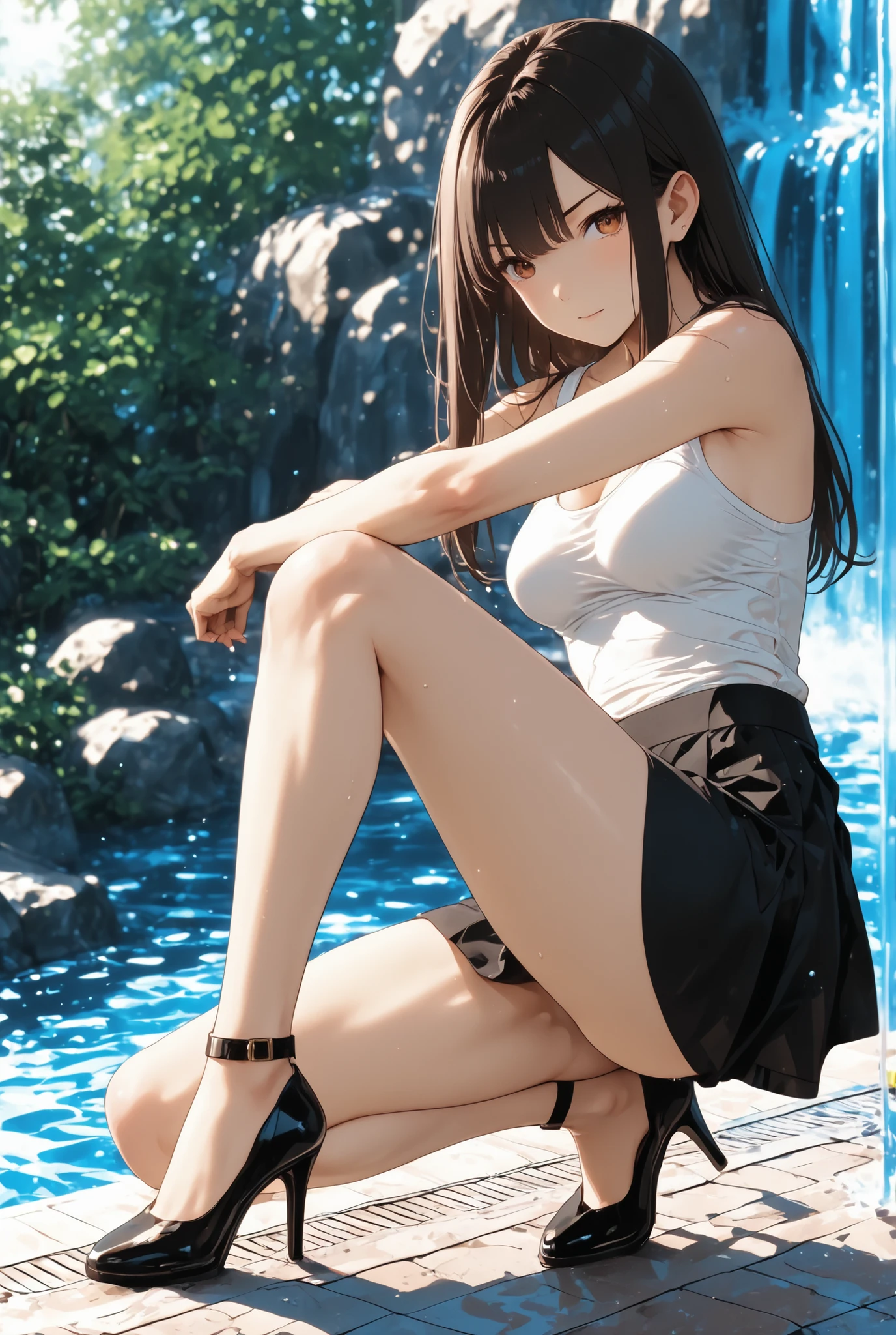 The Woman Who Stands Up small beautiful breasts tank top Miniskirt high heels river waterfall Pool Observation Deck Between the legs open their legs wide