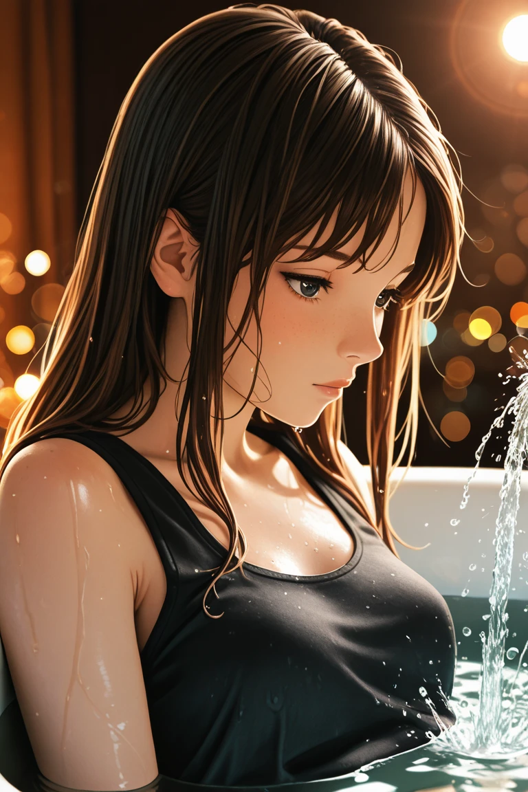 Purelos_v1 Face, highest quality, realistic, 8K, high resolution, colorful, A girl, woman, woman in her 20s, (mouth closed:1.33), (Portrait:0.6), wood, dawn, ( (bottom at the edge of the pool: 1.52)), colorful, ((buttoned shirt: 1.88)), See your spectators: 1.8, (Eyes of a girl See your spectators: 1.55), (hair medium length, brown hair, parted bangs: 1.35), (bokeh), beautiful legs, with beautiful sandals, your feet are beautiful