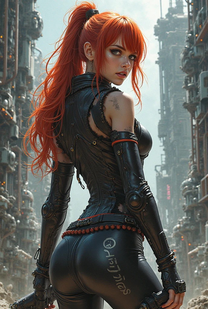 ((Create, Red-haired young girl-16+, demoness), (full height, very beautiful, long red hair, smooth clean, white skin, open body, bare shoulders))_ ((Red and black short evening dress), (dear jewelry, esoteric symbols, cyberpunk implants, electronic technology), (expensive futuristic jewelry on the body), (tattoos)), (her body is grace, elegance, ideal figure, a girl with long red hair, waist-length), (black metal , leather corset, rock stars), (demonic image, body in tattoos), (corset of belts, fasteners and fastenings, electronic implants woven into her outfit), (Goddess of Darkness, angel of the cyber World.), (magic amulets on breasts, cabalistic symbolism))_((Dynamic expressive image, detailed skin texture, graceful figure, sexy girlfriend, tattoos, erotic, dark angel)), (( NSFW))_(((Bright, anime style, cyberpunk), (Stylized Italian Renaissance, great art ), (magic and cyberpunk mixed together), (distant esoteric future, high technology - magic), (masterpiece, highest quality, background - futuristic horror style, engineering structures, temple of cyber technology))_ ((Clear frame, soft shadows , contrasting light), (warm range of colors, golden light, contrasting light with cold backlighting from the side, expressing volume and shape))_ ((Stylized 3D visualization imitating comic book graphic technique), (clear line, clear outline, shading, color fill))_((High quality, 4K | Ultra HD | Full HD, cinematic rendering)).