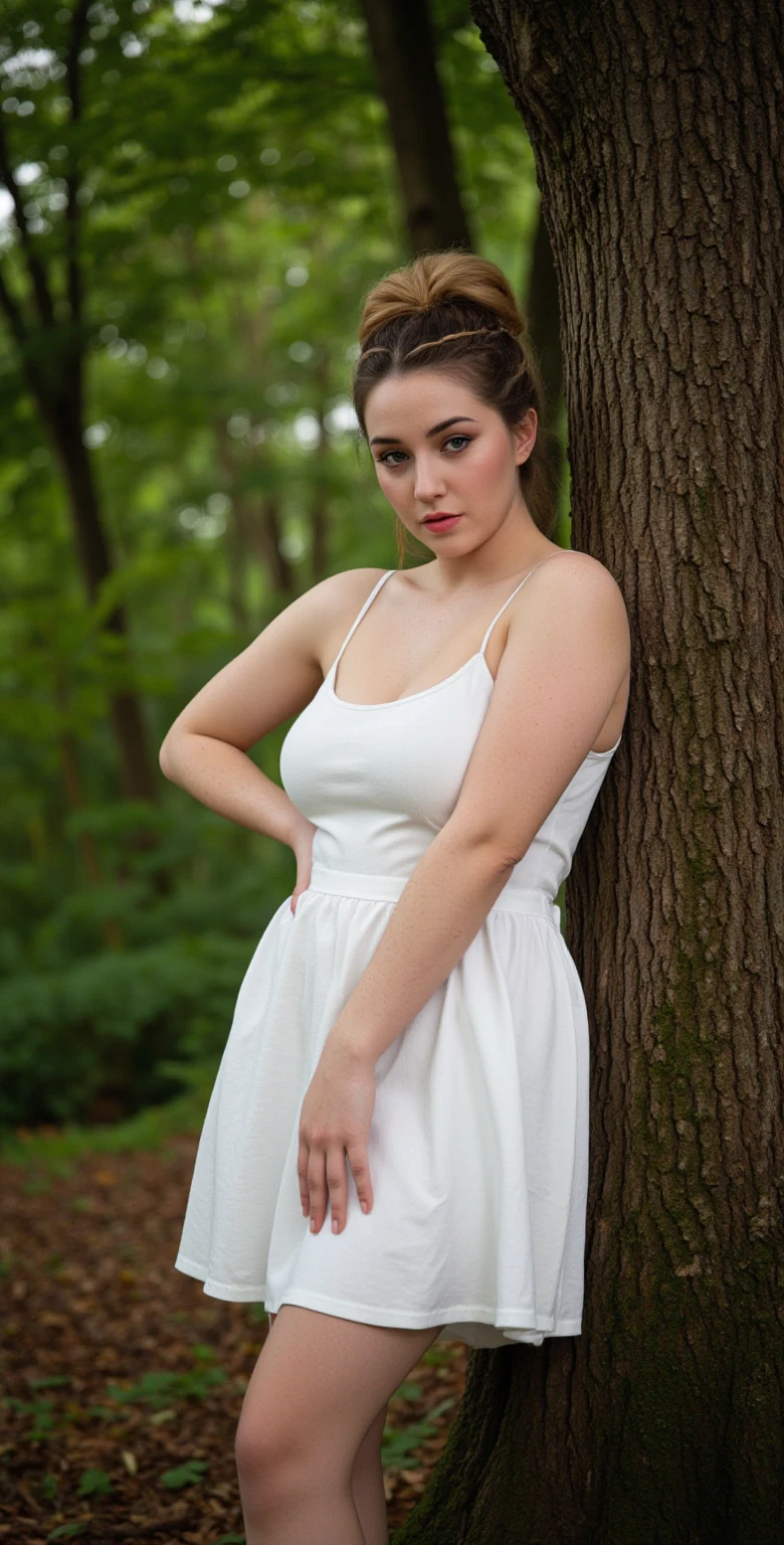 hyper realistic photo of Angela White, (Wearing a short flowing white dress), in a lush green field, natural light, natural lighting ((late afternoon sunlight)), soft shadows (Fujifilm C200 35mm Film) ((lomography ))