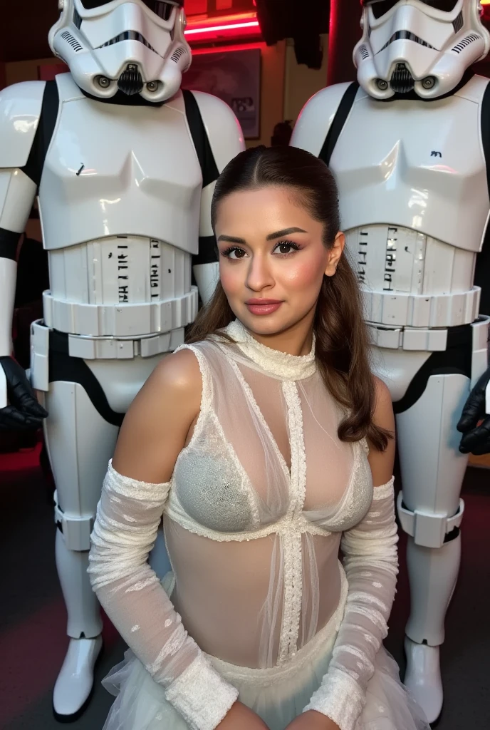 a cute woman in a sexy princess leia cosplay, white, airy, sheer, legs and bust over exposed, posing with other sexy cosplay, mainly anime, flirty poses, crowded comic con, best quality, 4k, 8k, highres, masterpiece, ultra-detailed, realistic, photorealistic, photo-realistic, HDR, UHD, studio lighting, ultra-fine painting, sharp focus, physically-based rendering, extreme detail description, professional, vivid colors, bokeh, portraits, photography, concept artists
