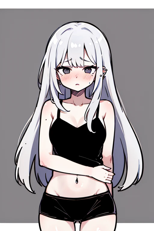 white long hair, (((soft skin))), (((soft skin))), (pale skin:0.21), One, One, black sweater, navel, bare belly, black shorts, Bedroom, (((Correct Perspective))), purple eyes, jeans shorts, pubicy