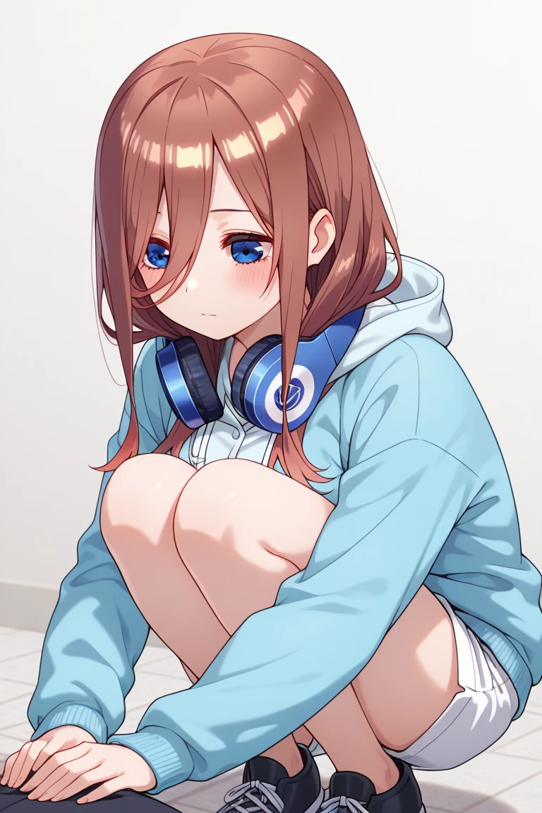 Schoolgirl with brown hair、Semi-long hair、Blue headphones、red blush、embarassed expression、on the beds、(fullnude),(pussy juice)、(pussy juice)、Solo,no bra,no panties,(dildo in the vagina),small dildo