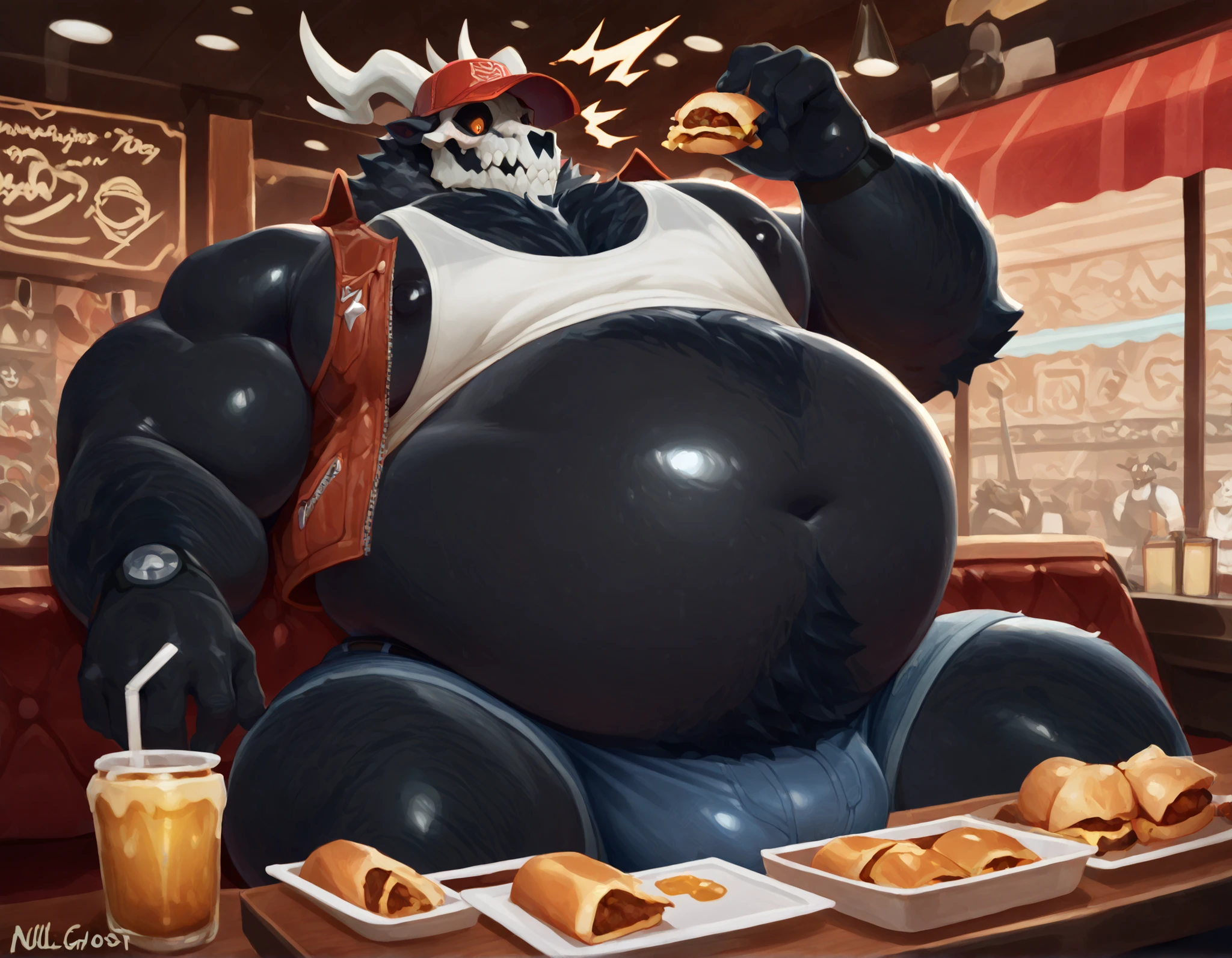 by null-鬼, a furry wendigo, skull head, big chest, very cute, huge body, beefy body, very fat body, obese, pure black skin, hairy chest, very hairy, demonic tattoos, rl 34, cute, biker, extremely wide and voluminous chest, restaurant, wearing jean shorts, crotch bulge, wearing white tank top, wearing open leather vest, showing off his large volume, gigantic belly, huge orange eyes, trucker cap, sitting at table, eating food, embarrassed, surprised, very embarrassed, by null-ghost, solo, null-ghost render, null-ghost style, pubic hair, big bloat belly,high resolution,high quality,