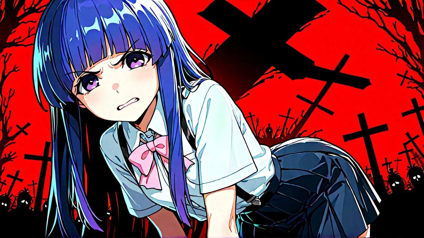 (tmasterpiece,best qualtiy),1 purple-haired girl with shoulder-length hair and bangs has blood on her face,The eyes are gloomy,Red eyes,Suit shirt