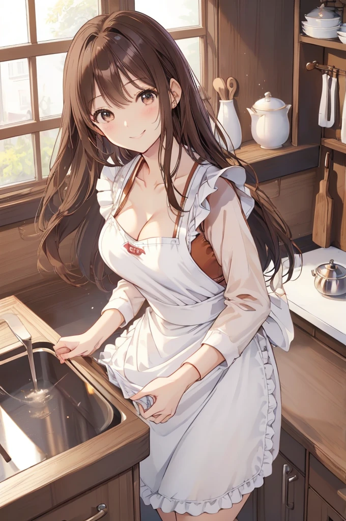 Highest quality、high resolution、High definition、HD、sports gym、(Nitta Minami、Long Hair、Medium chest、Brown Hair、Brown eyes、Glossy lips、Glowing Skin、Realistic skin texture、Apron appearance、kitchen)、Staring at me、Love me、blush、Laughing with your mouth open)、(Depiction of only the upper body、Very close to me)