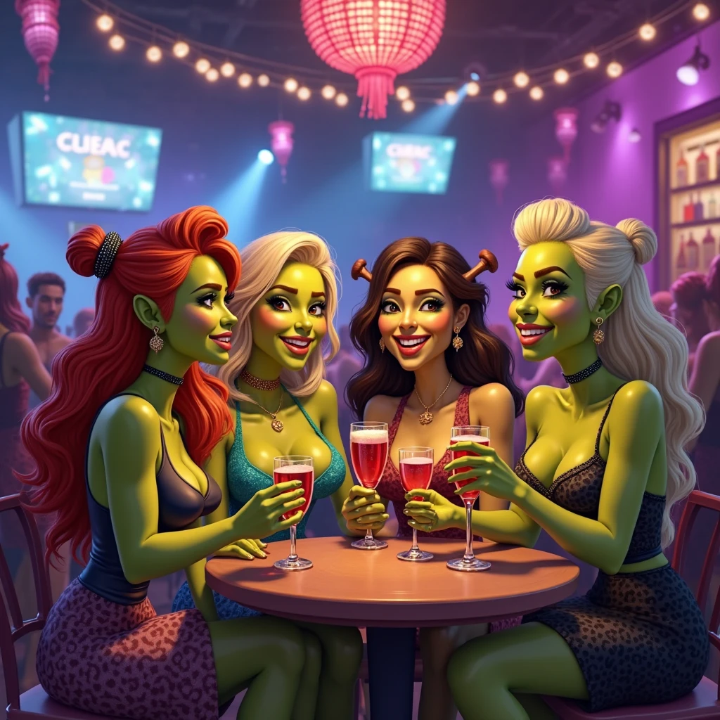 the club,female monsters have fun in the pub (art inspired by Bill Sienkiewicz). oil painting)
