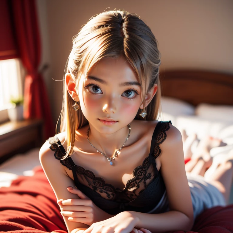 a woman sitting on top of a bed, ((in a messy room:1.5)), by Russell Dongjun Lu, trending on cg society, digital art, shiny bikini, y 2 k cutecore clowncore, (is wearing a transparent black nightgown:1.4), a photorealistic painting, by Yang J, fantasy art, blond hair, cottagecore!! fitness body, girl with long blond hair, yoko matsugane as mai shiranui, young skinny gravure idol, (close up shot:1.4), (topless:1.3) (small breasts:1.5)