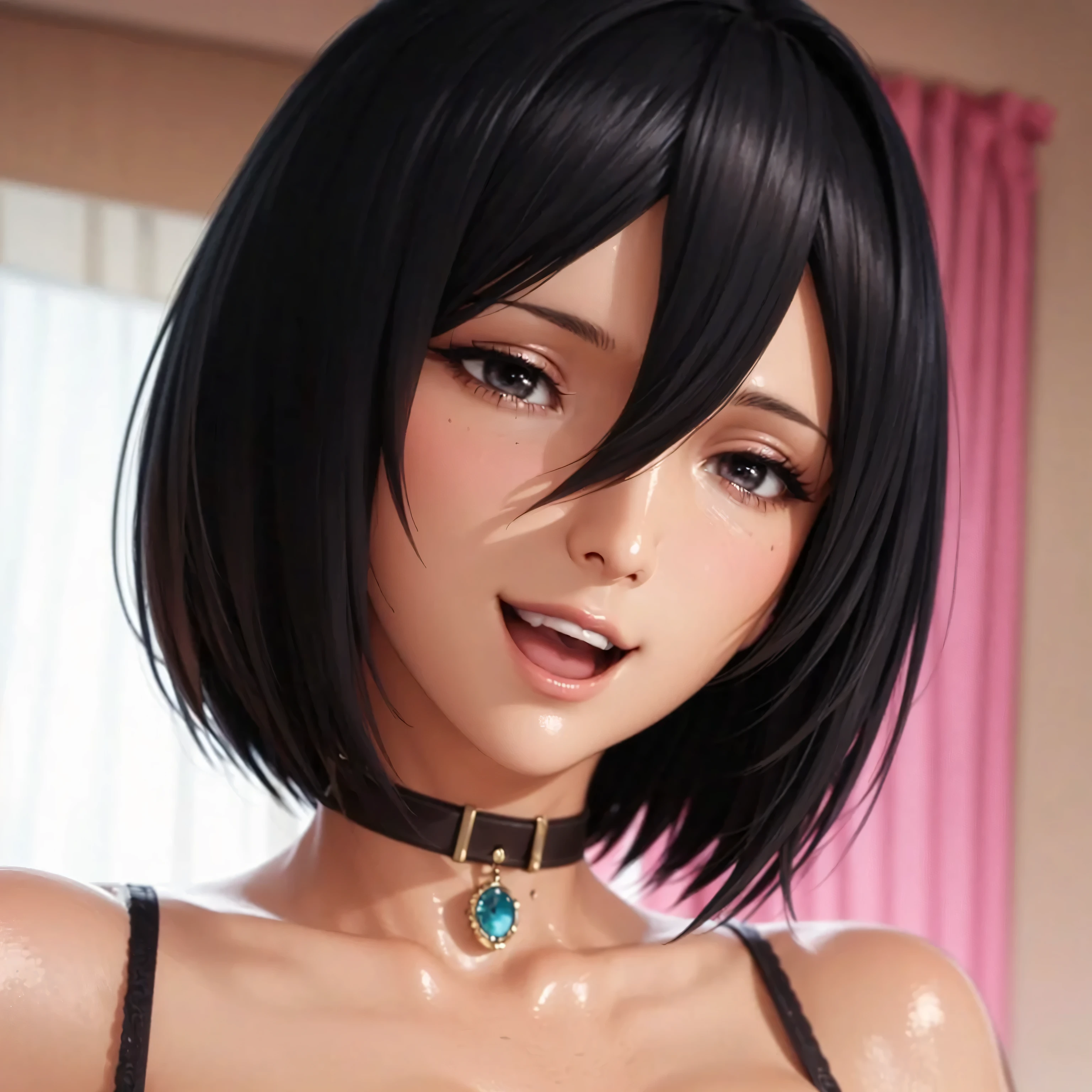 highres,best quality at best,masterpiece,quality,best quality,delicate facial features,look at the audience,there is light in the eyes,(masterpiece),(best quality),3d render,masterwork,semrealistic,realistic,mature female,wide hips,fair_skin,shiny_skin,(seductive_smile+:d:1.1),pink curtains,pink bed,mikasa ackerman,black lace underwear,choker,collarbonea,