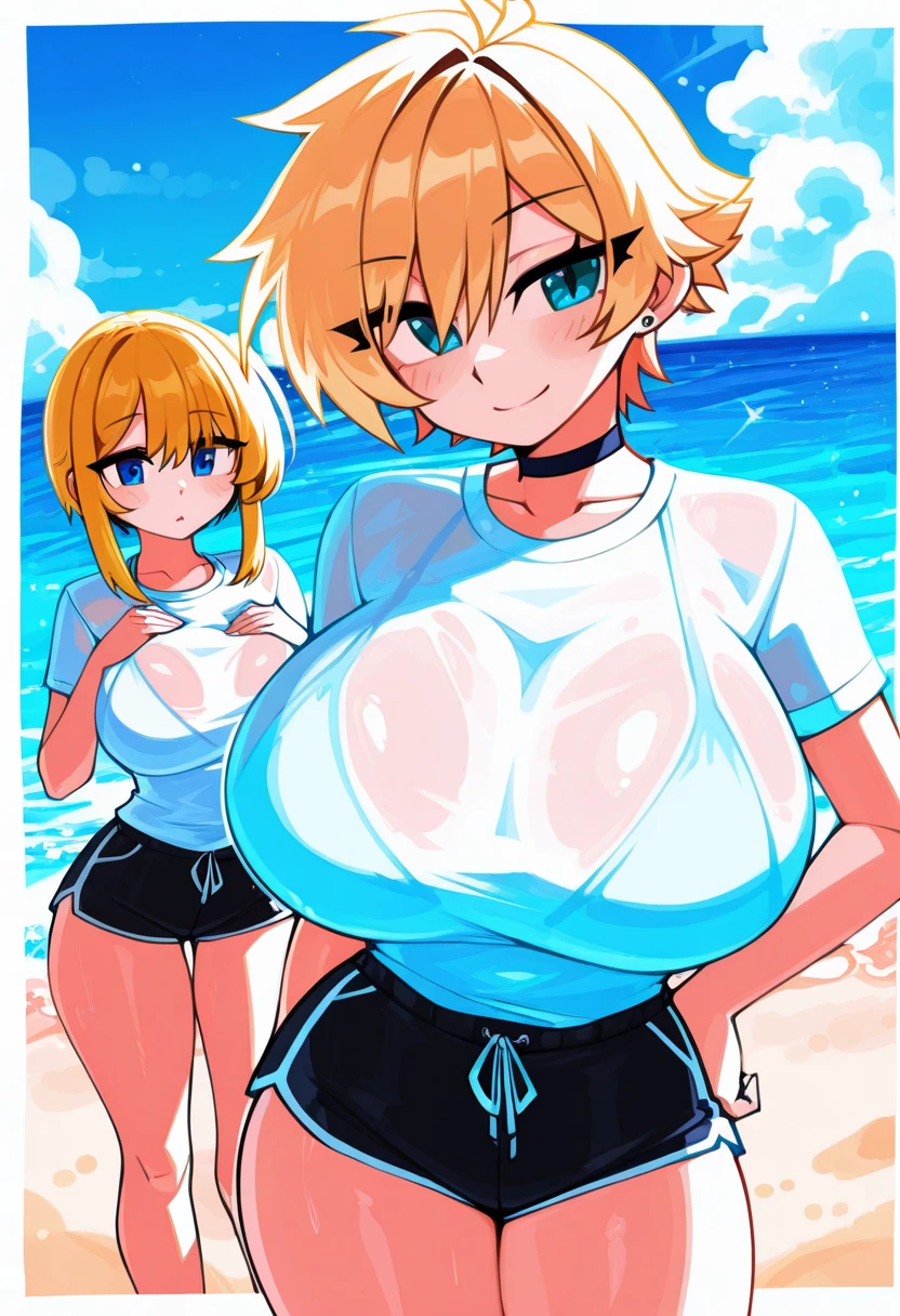Anime style, anime screencap large breasts, breasts, wide hips, thick thighs, hourglass figure, blonde hair, very short hair, shirt lift, white sujet, blue eyes, orange bikini, smile, smug, pervert, cameltoe, beach, bikini, clothes lift