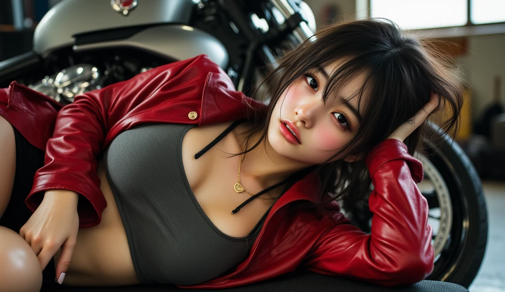 (masterpiece:1.2), (Best quality:1.3), 4k, 8k, 16k, 32k, (UHD:1.2), (realistic:1.5), (photorealistic:1.5), (ultrarealistic:1.3), (Extremely detailed CG unity 8k wallpaper:1.2), (professional photography photo:1.5), ultra detailed, (high resolution: 1.5), (beautiful skin: 1.2), (pale skin:1.3), (hyper-sharp focus: 1.5), (ultra-sharp image:1.5), (beautiful clean face:1.3), (ultra-detailed background, detailed background:1.3), bokeh, depth of field, BREAK, Photo of extremely cute and beautiful Japanese woman, light smiling girl portrait, upper body image, When viewed from the front, the composition is symmetrical, (magazine photo lighting:1.3), (cinematic light:1.2), back light, looking straight at you with serious eyes, standing, sexy model pose, BREAK, (chestnut half-up hair:1.2), dark brown eyes, beautiful eyes, princess eyes, mahogany hair, single hair, bangs, slender, abs, (medium large breast;1.35), (narrow waist:1.15), adult, (detailed beautiful girl:1.4), best quality, woman, adult, (detailed race queen costume:1.3), (orange rubber jacket with small black detailed:1.3), (black high-waist shorts:1.3), (Beautiful sunset Suzuka circuit view background:1.2), (embarrassed laughing:1), (light smile:1.1), ((perfect female body)), (upper body image:1.3), frame the head, perfect anatomy, perfect proportion, 8.5 life size,