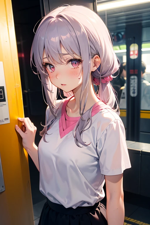 Random pose、NFSW、Blushing、Sweaty、cowgirl position、、cowgirl position、Upper body naked、Wearing a skirt、Hide your with your hands、Blushing、Embarrassed expression、、Not wearing a bra、Black Hair、Side Ponytail、Pale purple eyes、、Blushing、lipstick、Perfect hands、Detailed hands、Train seats、hand bra