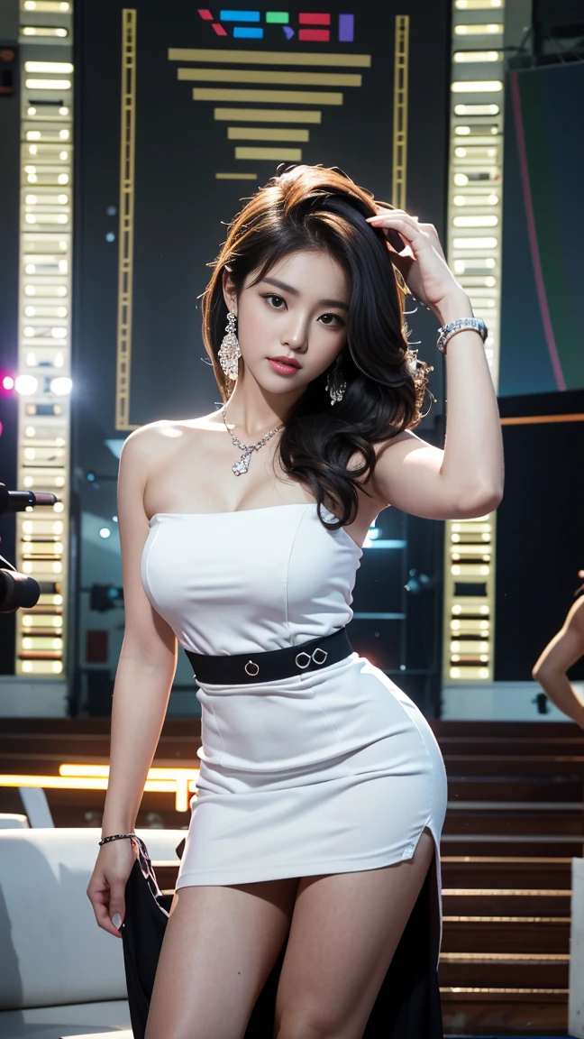 Beautiful Korean girl, kpop idol, hot body, necklace, earrings, long curly black hair, hourglass body, big breasts, slim waist, nude, masturbation movements, yawning mouth. ejaculate into the vagina. Hands touching pussy, stage, darkness, neon lights.