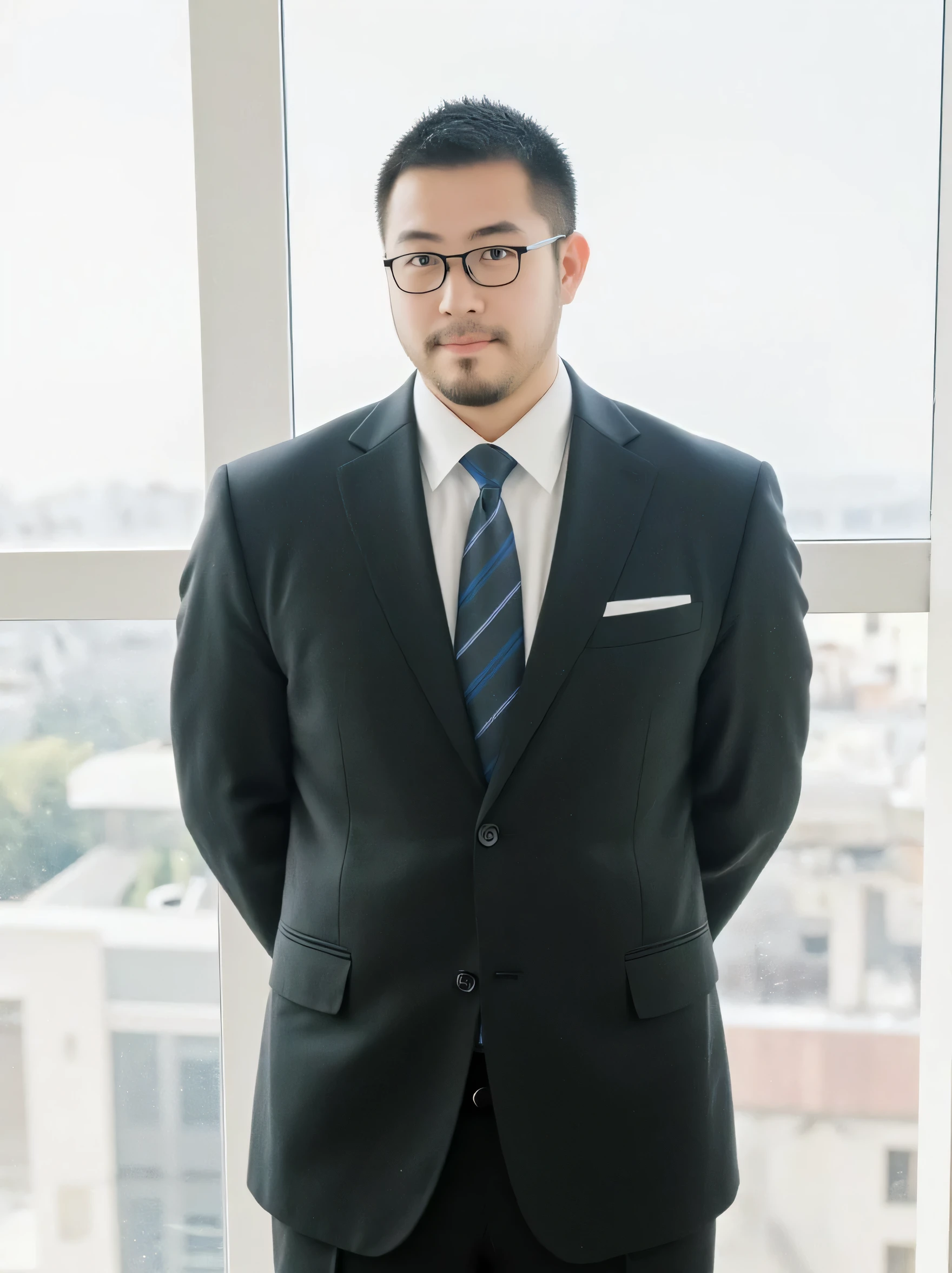 george pei,george bernard ,apenas, 1 , only, score_8_acima, score_7_acima, score_6_acima, score_9_acima, muscle, corpo encorpado, Grande musculoso, big arms, homem de meia-idade, looking at the spectator, roupa do dia a dia, Roupas informais, fundo detalhado, paisagem, desfocado, wide shot, depth of field, glasses, Um cavalheiro、Homem bonito、Tio bonito、barba por fazer、only、photo of a cowboy showing his body from his thighs to the top of his head、de frente、standing in front、 standing in front of the camera 、cabelo preto、Premature gray hair、cabelo curto、 Iris 、Franja repartida 7:3、 Brilliant expression 、 black business suit 、Gravata Azul、fundo branco