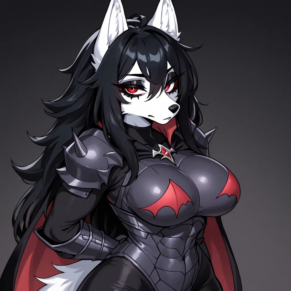 Beautiful black Kitsune, red eyes, highly detailed face, highly detailed eyes, big breasts, sexy figure, mature woman, several black kitsune tails, soft long Black Kitsune ears, Wearing Hunter outfit (Bloodborne), wide waist