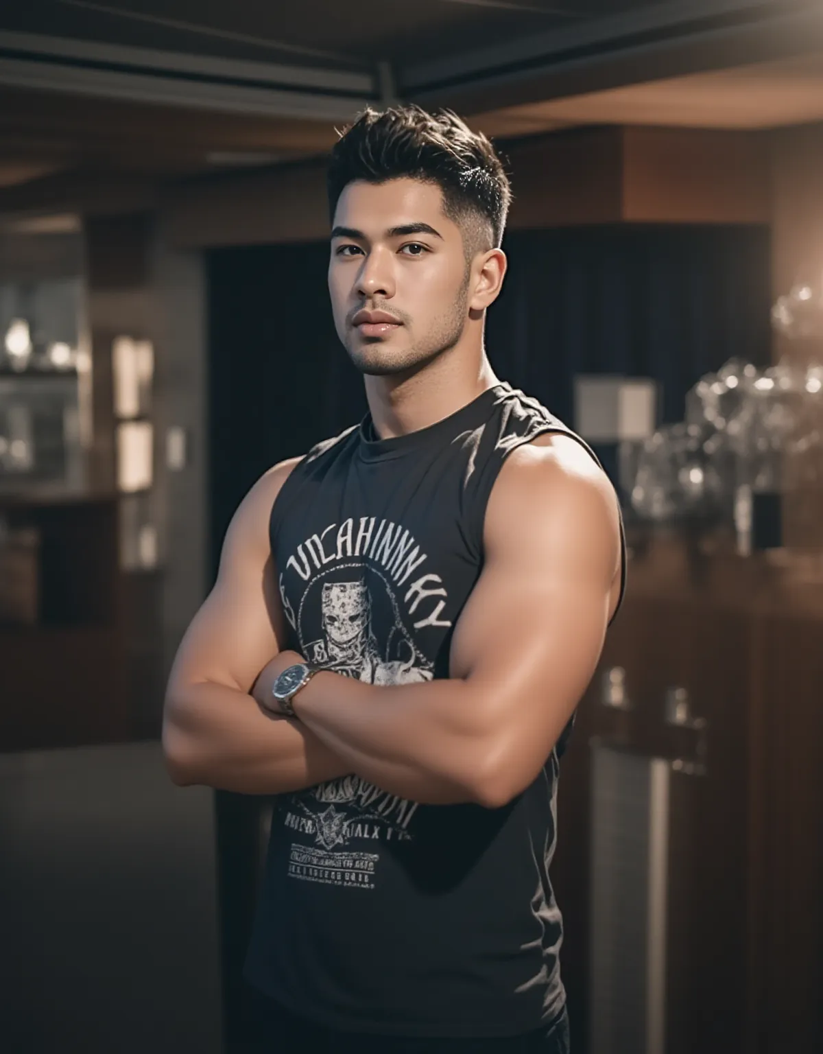 best quality, masterpiece, hyper realistic, extremely detailed, "1K" text in neon lights in the background, huge bulge in white jockstrap, extremely handsome filipino man, chubby baby face, one hand in his underwear, grinning, muscular bodybuilder, half body, fill frame, dark cinematic lighting, extremely dramatic shadows, no background, perfect face, perfection, no signature, no logo