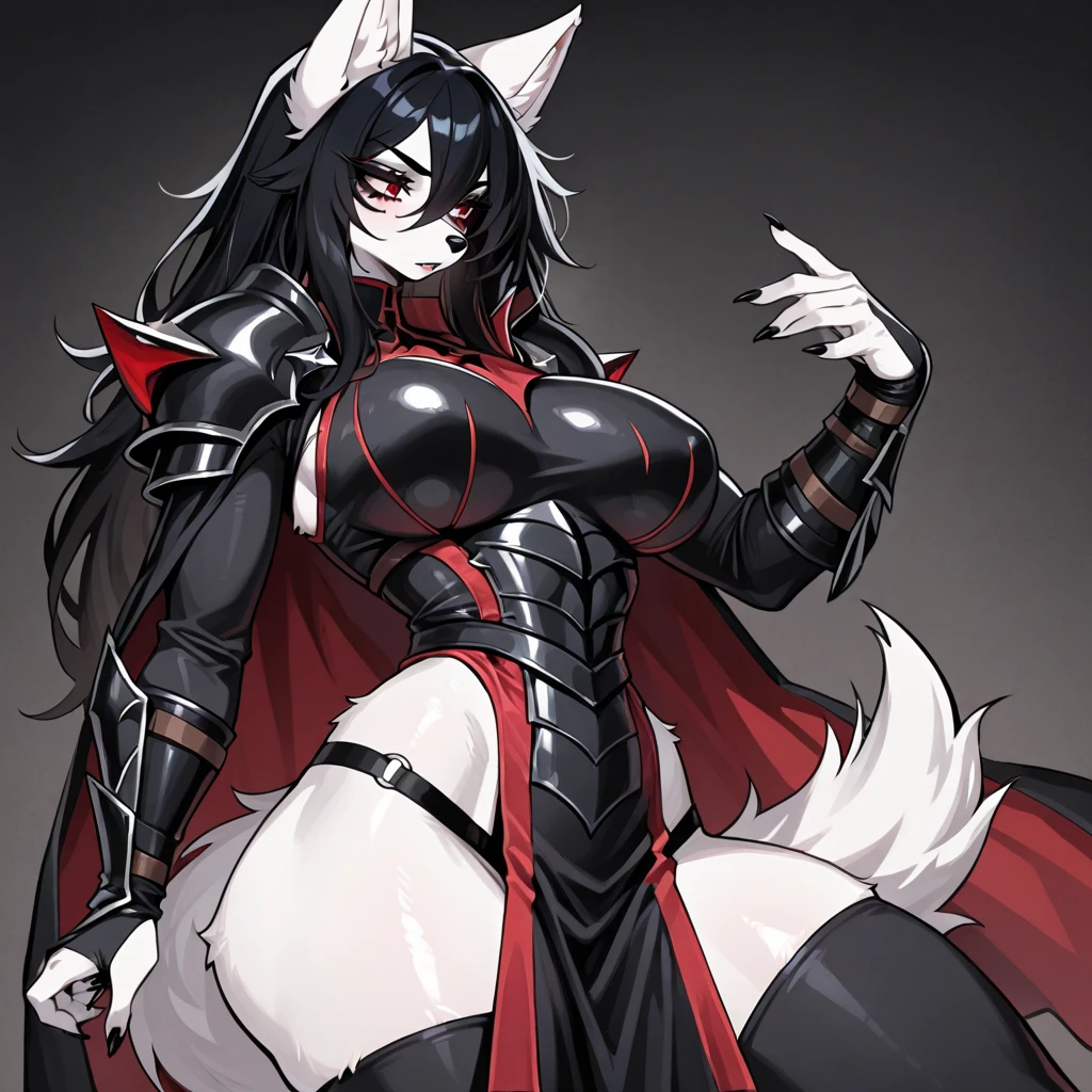 Beautiful black Kitsune, red eyes, highly detailed face, highly detailed eyes, big breasts, sexy figure, mature woman, several black kitsune tails, soft long Black Kitsune ears, Wearing Red And Black Mechanic outfit, wide waist