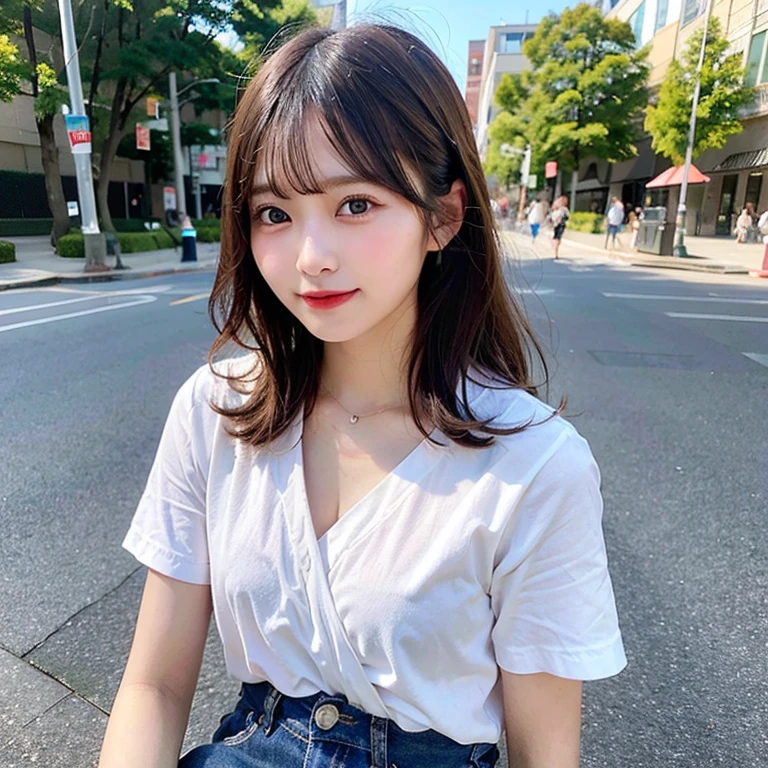8K、best image quality、smile、masterpiece、spring、short hair、fine eyes、small breasts、A refreshing smile、Female college student、Dimples、New dresses for spring、Clear system、attending university、Ruck sack