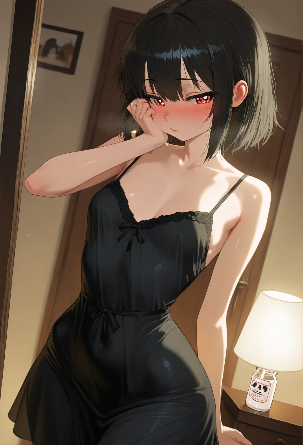 1girl, uchiha sarada, naruto \(series\),extra detaild dress,looking at viewer,modern livingroom,perfect eyes,perfect hands,masterpiece,very aesthetic,newest,sensitive