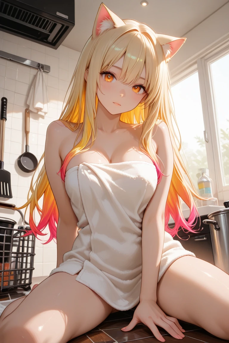 Masterpiece ,best quality , high resolution , (1 girl solo:1.38) , (mavis, long hair, blonde hair, (green eyes:1.5), ahoge, wavy hair) , (cleavage:1.2) , (medium breast:1.28) , (wear sport top tank , micro_short , stockings ) , (cleavage:1.15) , (big breast:1.1) , (face view , pov front view , look at view) , (indoor, in kitchen , night , moonlight , windows ) , (leaning forward:1.3) , (standing , thighs ) , (cowboy_shot) , ( smile , open mouth , full face blush , shy )