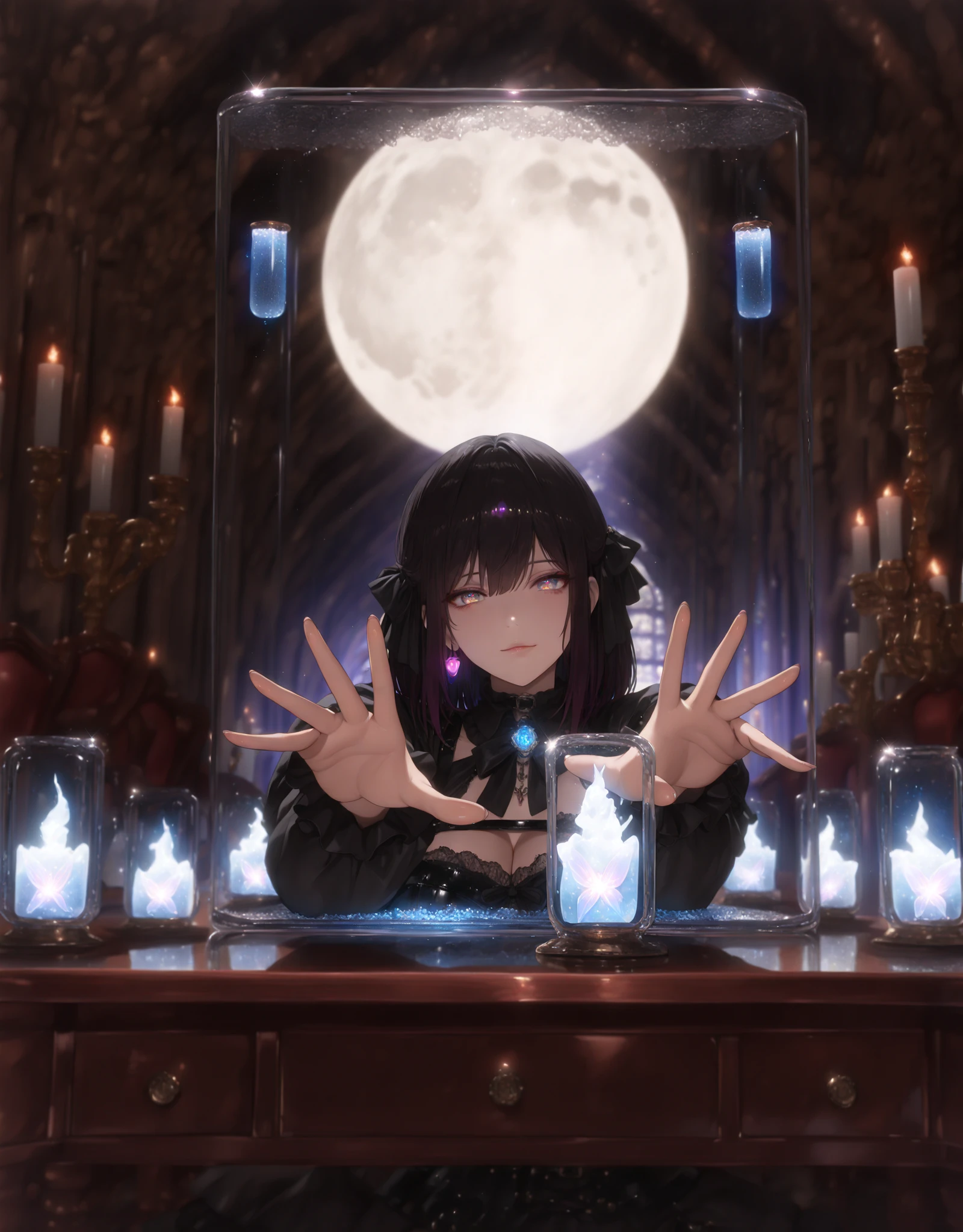 cinematic, (masterpiece), (best quality), (ultra-detailed), very aesthetic, illustration, realistic illustration, perfect composition, intricate details, absurdres, detailed face, (anime, masterpiece, intricate:1.3), (best quality, hires textures, high detail:1.2), (32k),(incredibly detailed:1.4),detailed eyes, realistic shadow,
1girl,random cute pose, random style, multicolored eyes,random location, random time,beautiful face,perfect 5fingers,gothic fashion, posing for a picture, (Glowing Contours:1.1),dark room ,dim light,pale moon light , Four Nixie tubes lined up horizontally in front on the desk ,Four Nixie tubes is A device with four glass tubes connected horizontally , Numbers are displayed in the glass tube