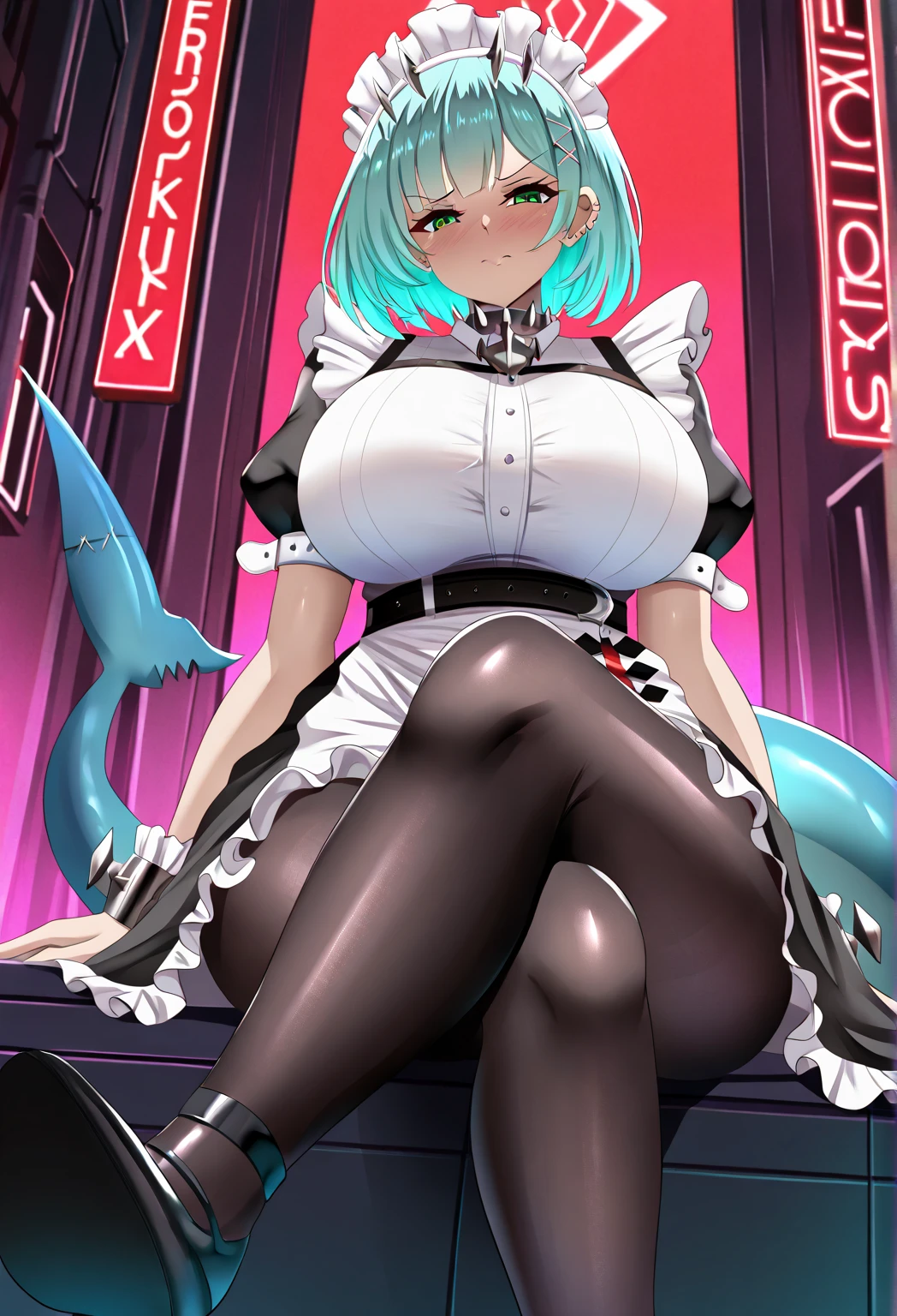 1girl, nurse cap, nurse, big silver earrings, black suspenders, leather gloves, huge breasts, slim, fleshy long legs, open navel, belly nails, steel nails, black stockings, tattoo, chest tattoo, arm tattoo, leg tattoo, suspender stockings, boots, a woman, front, squat, legs open, traveling subway, Shinjuku, Japan, crowd behind, photo pose